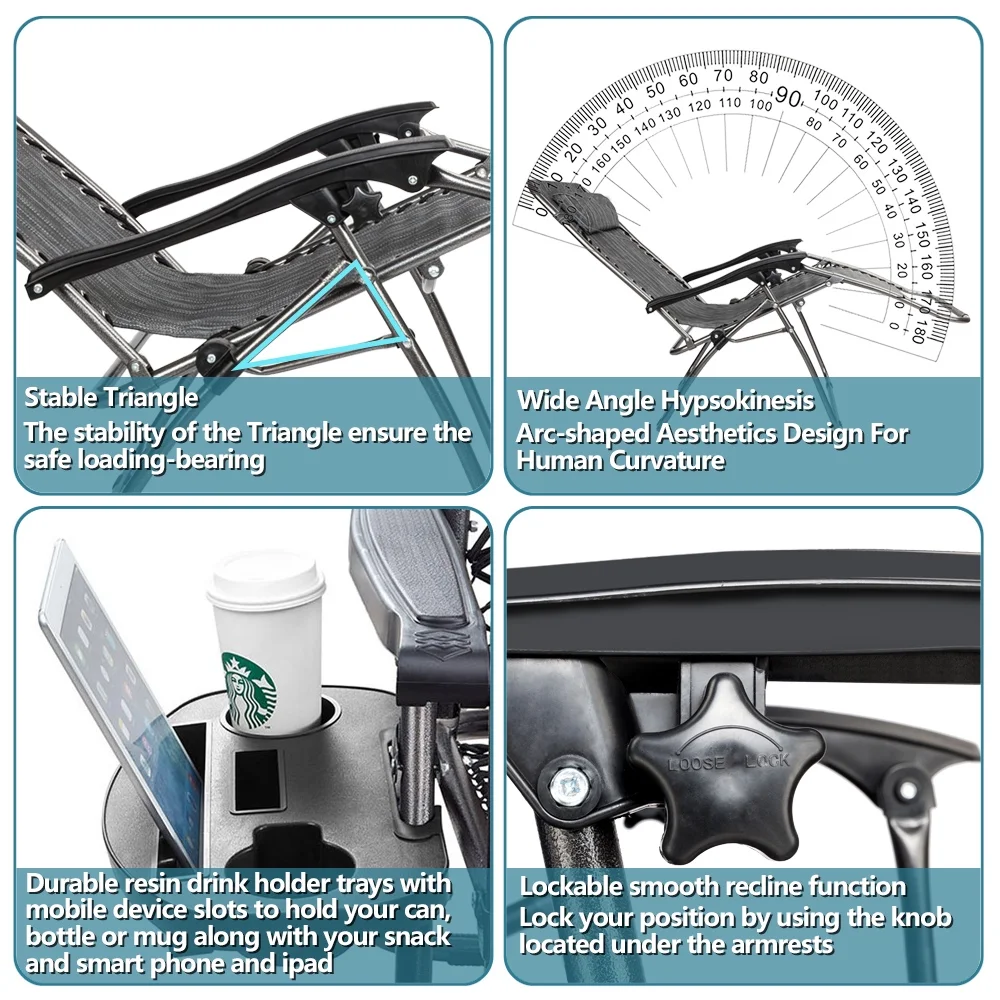 Set of 2 Gray Zero Gravity Chairs with Pillow and Utility Tray - Adjustable Folding Recliners for Outdoor Lounge, Patio, Beach, Yard