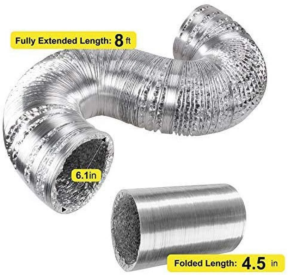 iPower  GLDUCT8C Non-Insulated Ducting Aluminum Foil Vent with 2 Clamps, 8-Feet 6-Inch, ProFlex Clothes Dryer Transition Duct, Fire-Resistance Coating. Strong & Flexible, Contains Corrosion Resistant