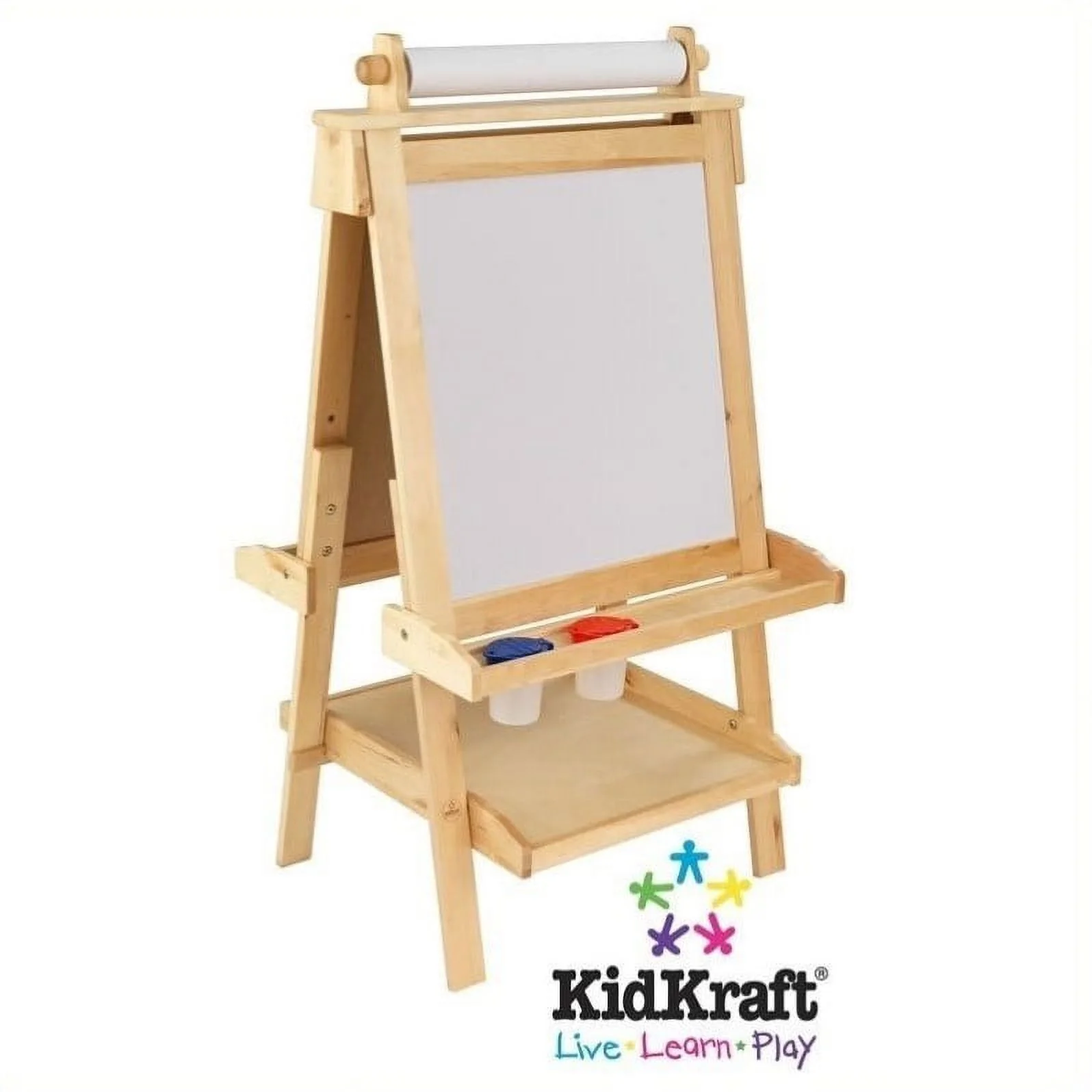 KidKraft Deluxe Wooden Easel with Chalkboard, Dry Erase Surfaces, Paper Roll and Paint Cups - Natural