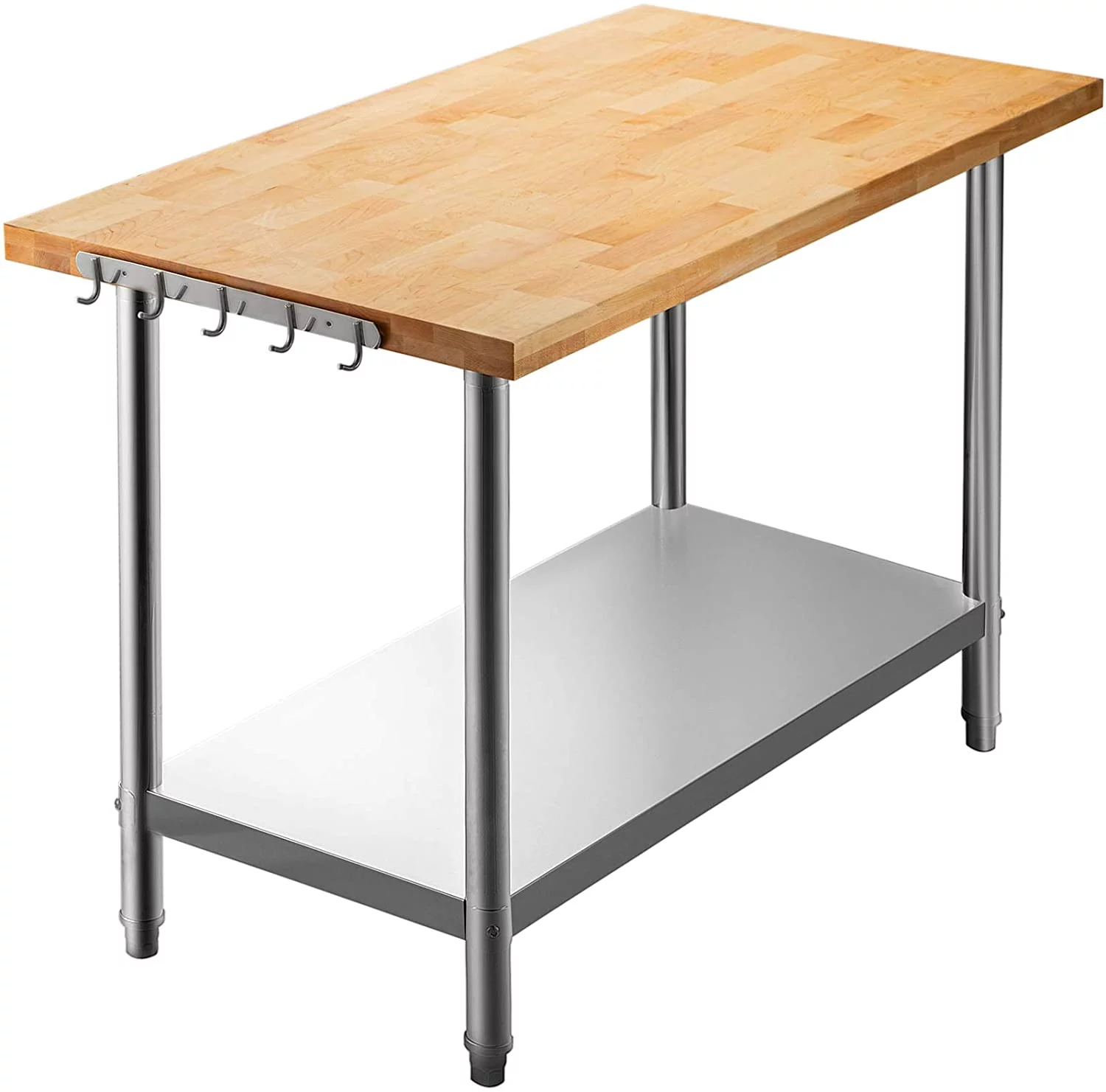 VEVOR Maple Top Work Table, 36 x 24 Inches Stainless Steel Kitchen Prep Table Wood, 1.5 Inches Thick Kitchen Maple Table with Lower Shelf and Feet, Stainless Steel Table for Home and Kitchen