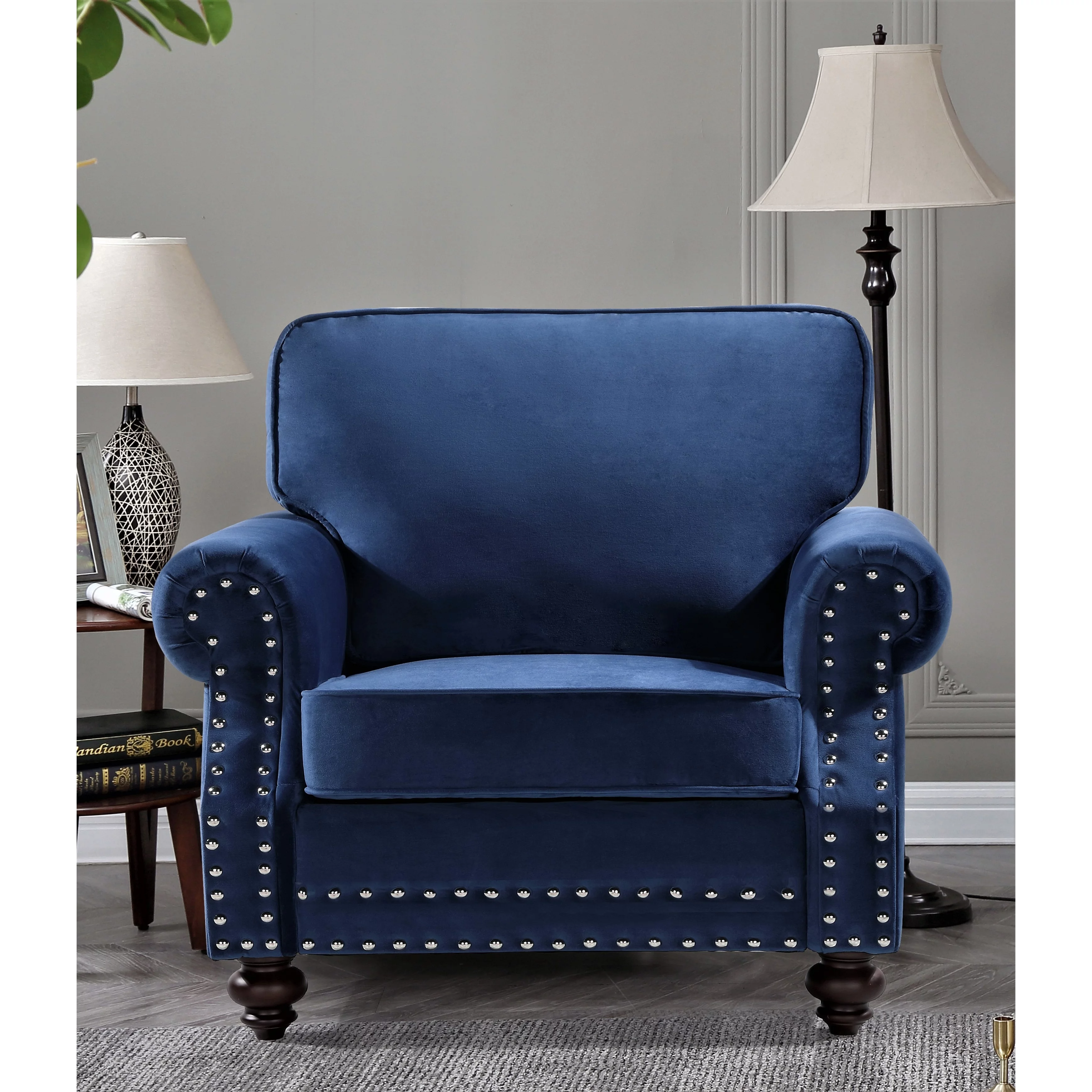 US Pride Furniture Ramos Nailhead Velvet Chair Dark Blue