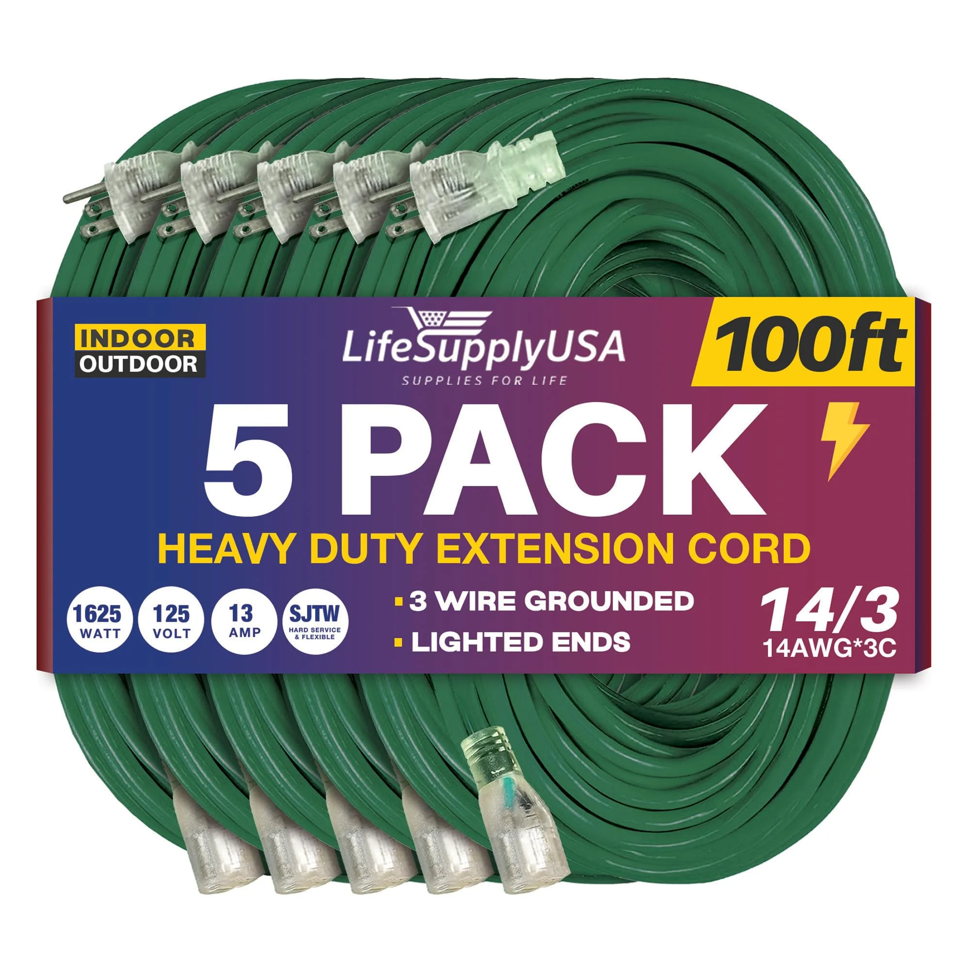 100ft Power Extension Cord Outdoor & Indoor - Waterproof Electric Drop Cord Cable - 3 Prong SJTW, 14 Gauge, 13 AMP, 125 Volts, 1625 Watts, 14/3 by LifeSupplyUSA - Green (5 Pack)