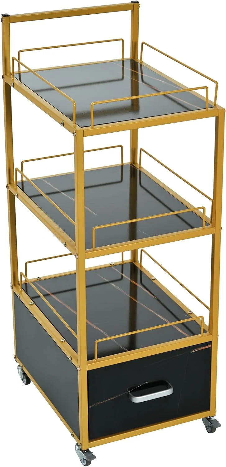Beauty Salon Storage Trolley Cart,with Lockable Rolling Wheels,Metal Frame Marbled Board,Drawer Barber Salon Furniture,Black