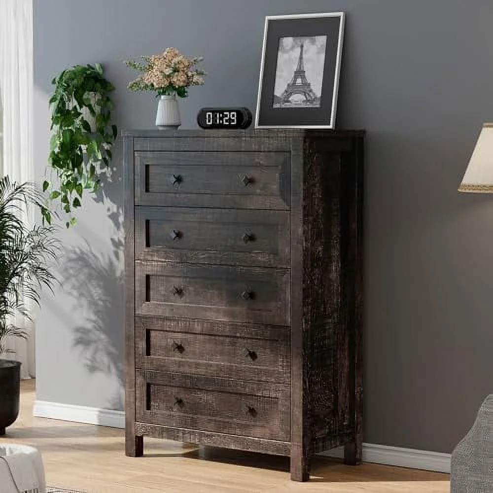 HBROLJF Farmhouse 5 Drawers Dresser  Wood Rustic Chest of Drawers for Bedroom  Tall Dressers Organizer with Metal Handles  5 Drawers Chest for Living Room  Hallway  Entryway  Grey