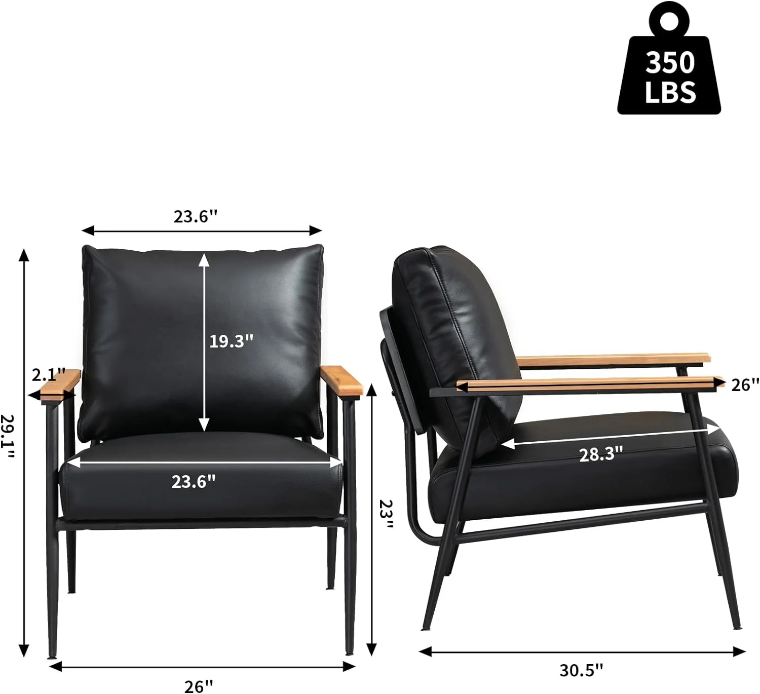 Black Leather Accent Chairs, 23.6'' Wide Armchair, Industrial Black Metal Frame Accent Chair with Wood Arms, Mid-Century Modern Comfy Sofa Chair for Living Room, Bedroom