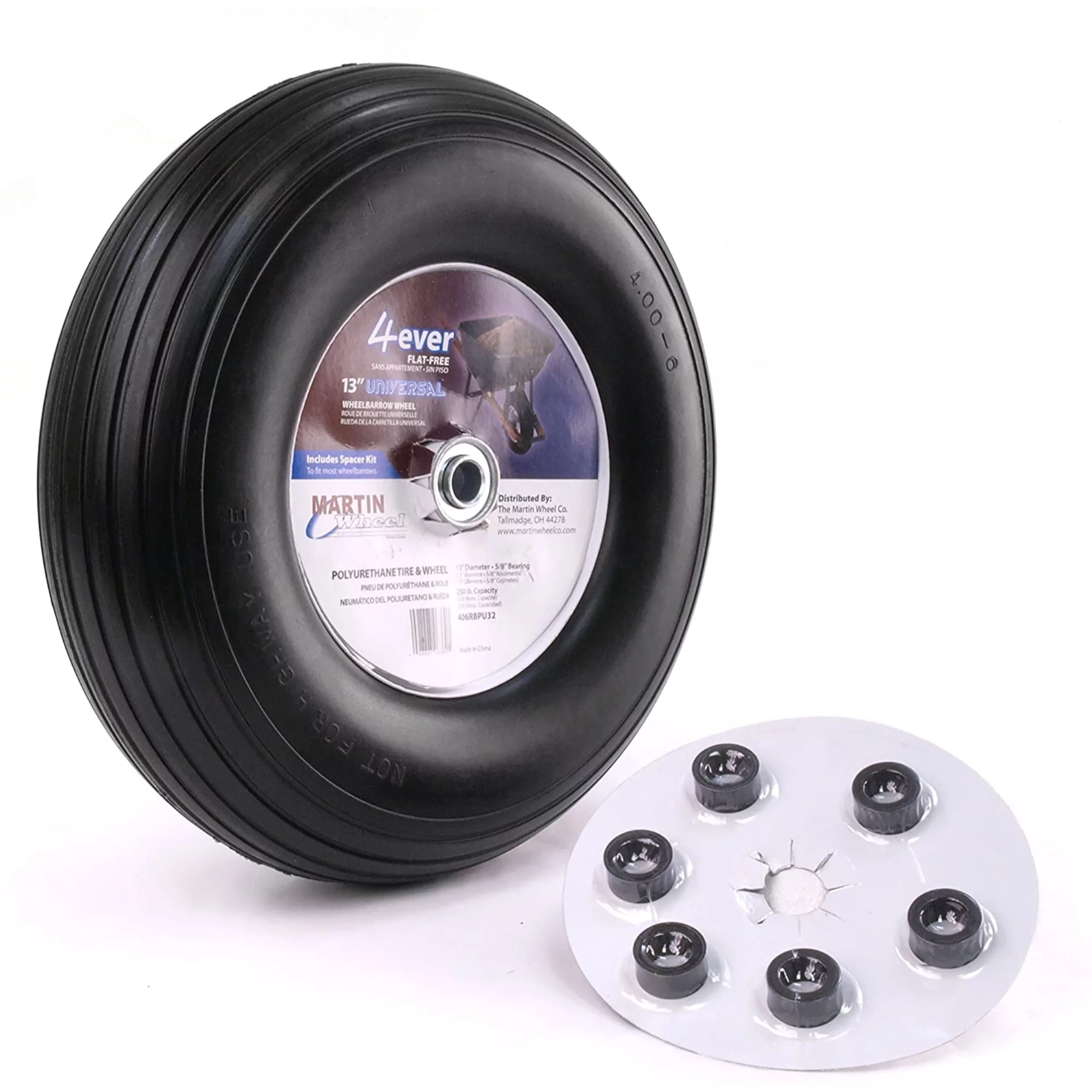 Martin Wheel 406RBPU32 400-6 Flat-Free Wheelbarrow and Garden Cart Wheel W/ Universal Hub, 13 In. - Quantity 1