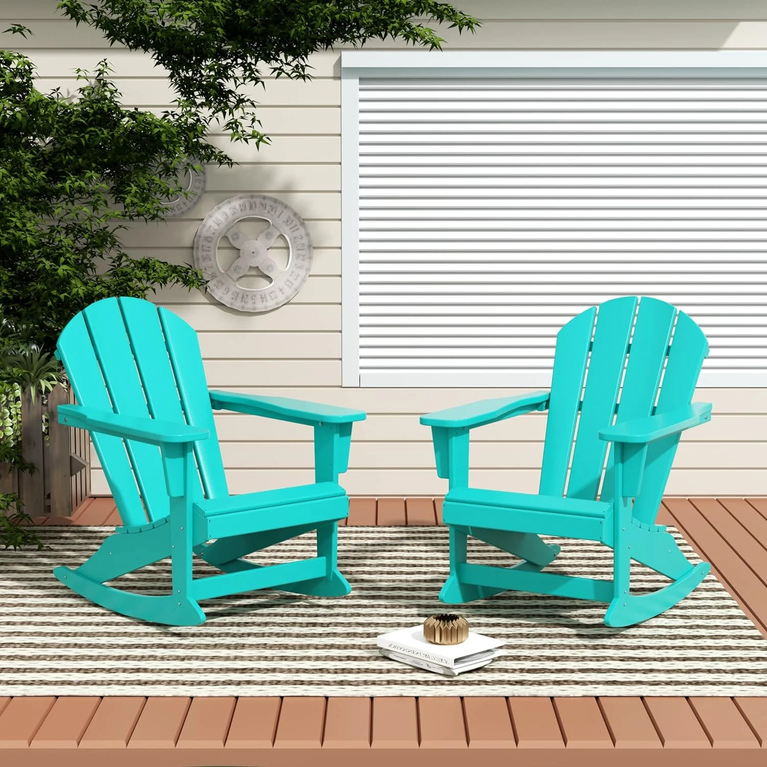 Home Furniture Patio Rocking Chair 2PCS  HDPE Adirondack Rocker Chair For Lawn Garden Porch (Turquoise)