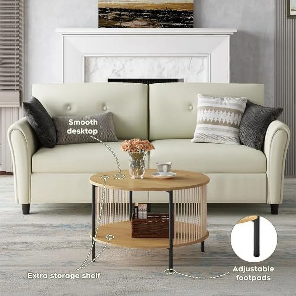 JYHOME Natural Fiber Rope Coffee Table Set of 3 for Living Room  Round Wooden Rattan Coffee Table and Two End Tables   2 Tier Modern  with Metal Frame for Apartment Office (Natural)