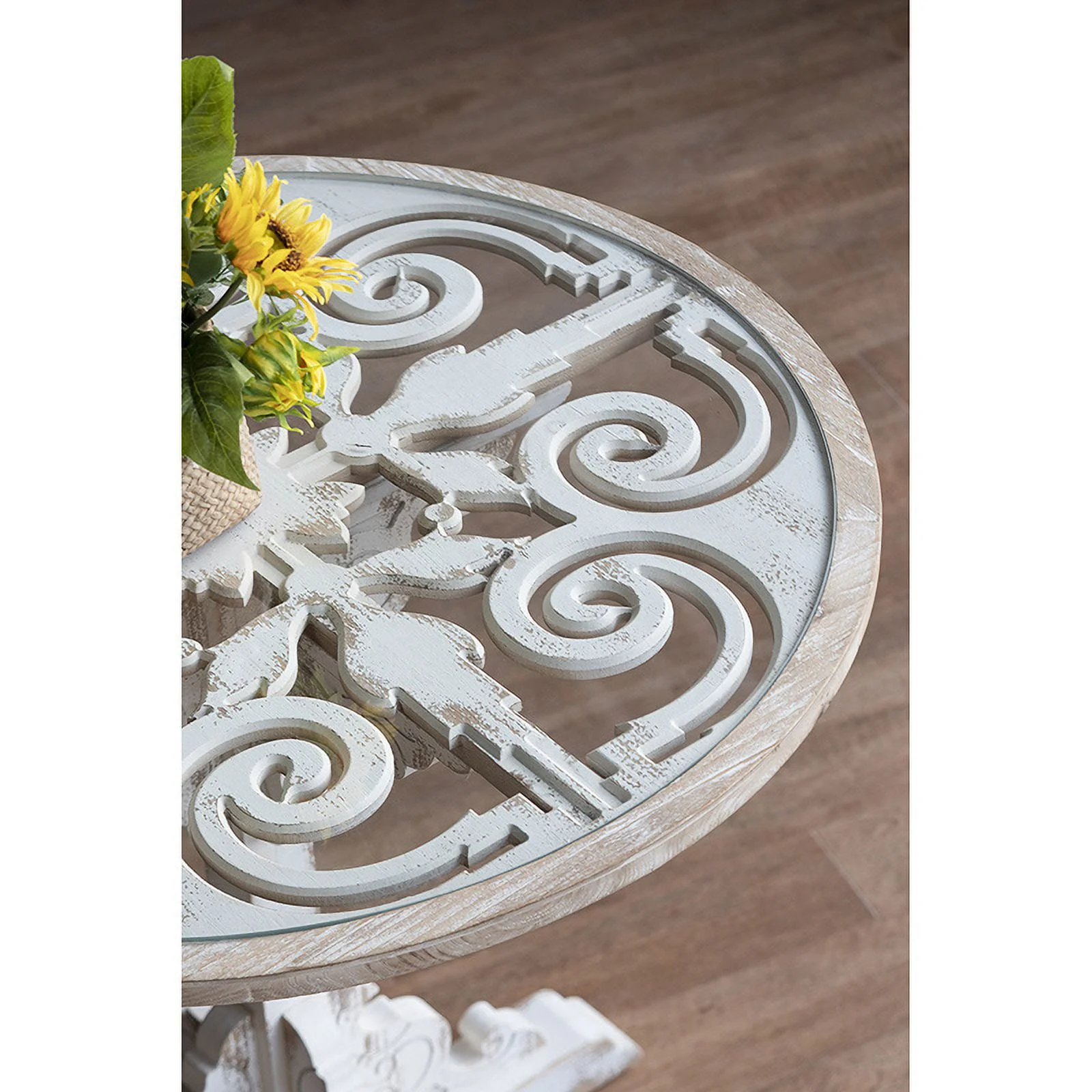 Distressed White Carved Table - Elevate Living Room
