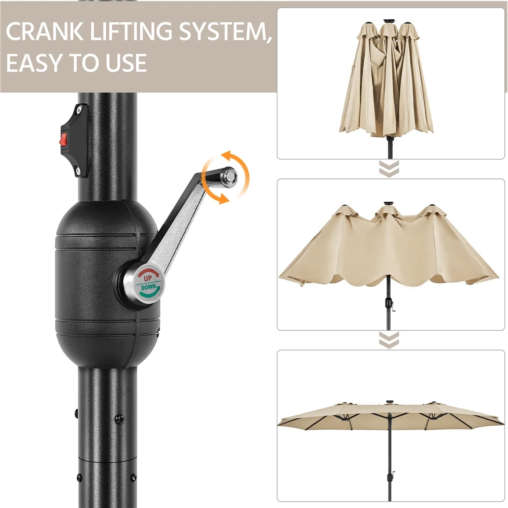 Topeakmart 13ft Patio Parasol Umbrella with Solar Lights, Tan