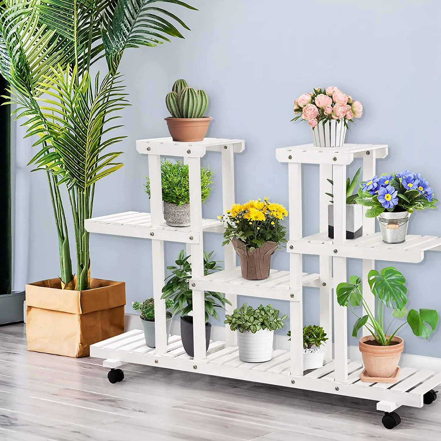 Giantex Rolling Flower Rack Wood Plant Stand on Wheels 6 Wood Shelves 12 Pots Bonsai Display Shelf Indoor Outdoor Yard Garden Patio Balcony Living Room Storage Rack Bookshelf Hollow Shelves (White)