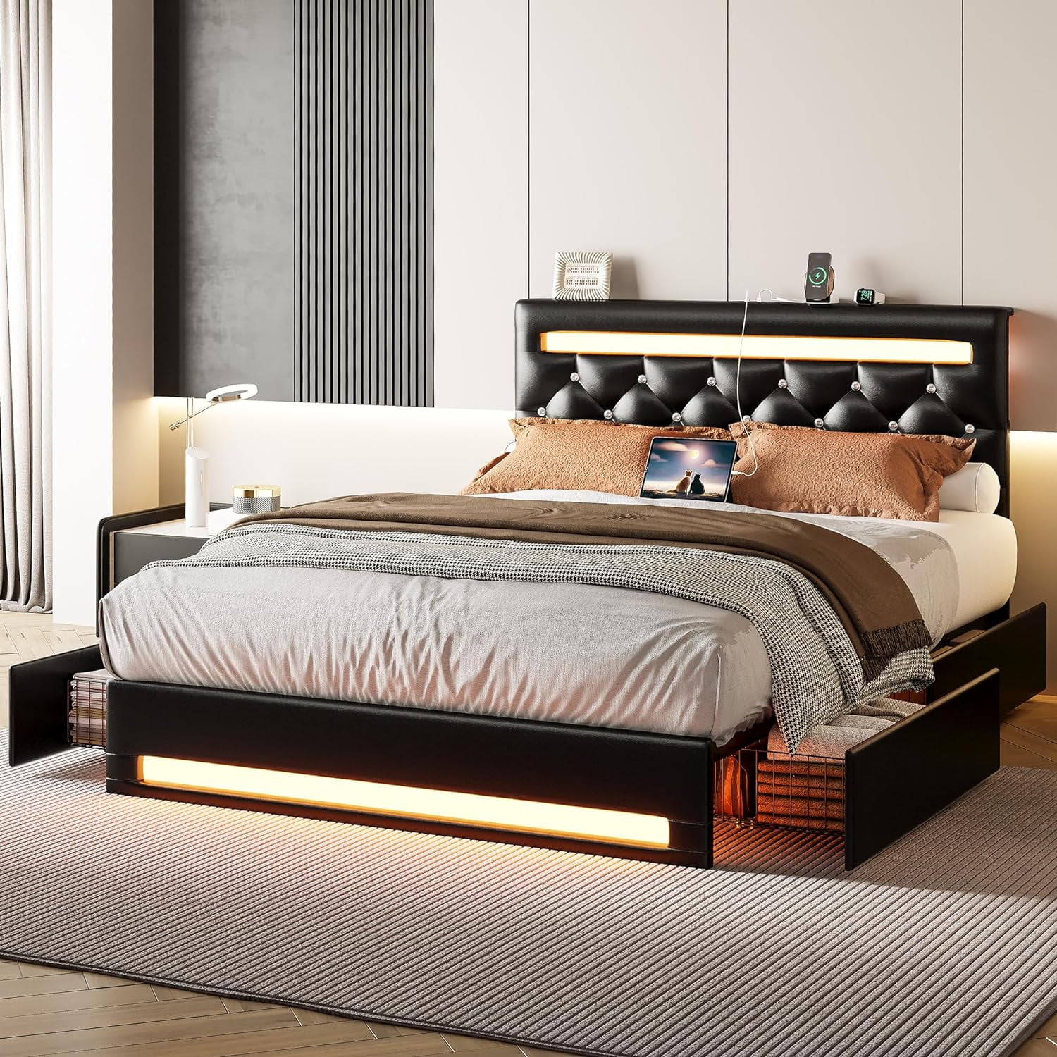 YILAN Queen Bed Frame with LED Lights and 4 Storage Drawers, Upholstered Platform Bed Frame Queen Size with Adjustable Crystal Button PU Leather Headboard, No Box Spring Needed, Black