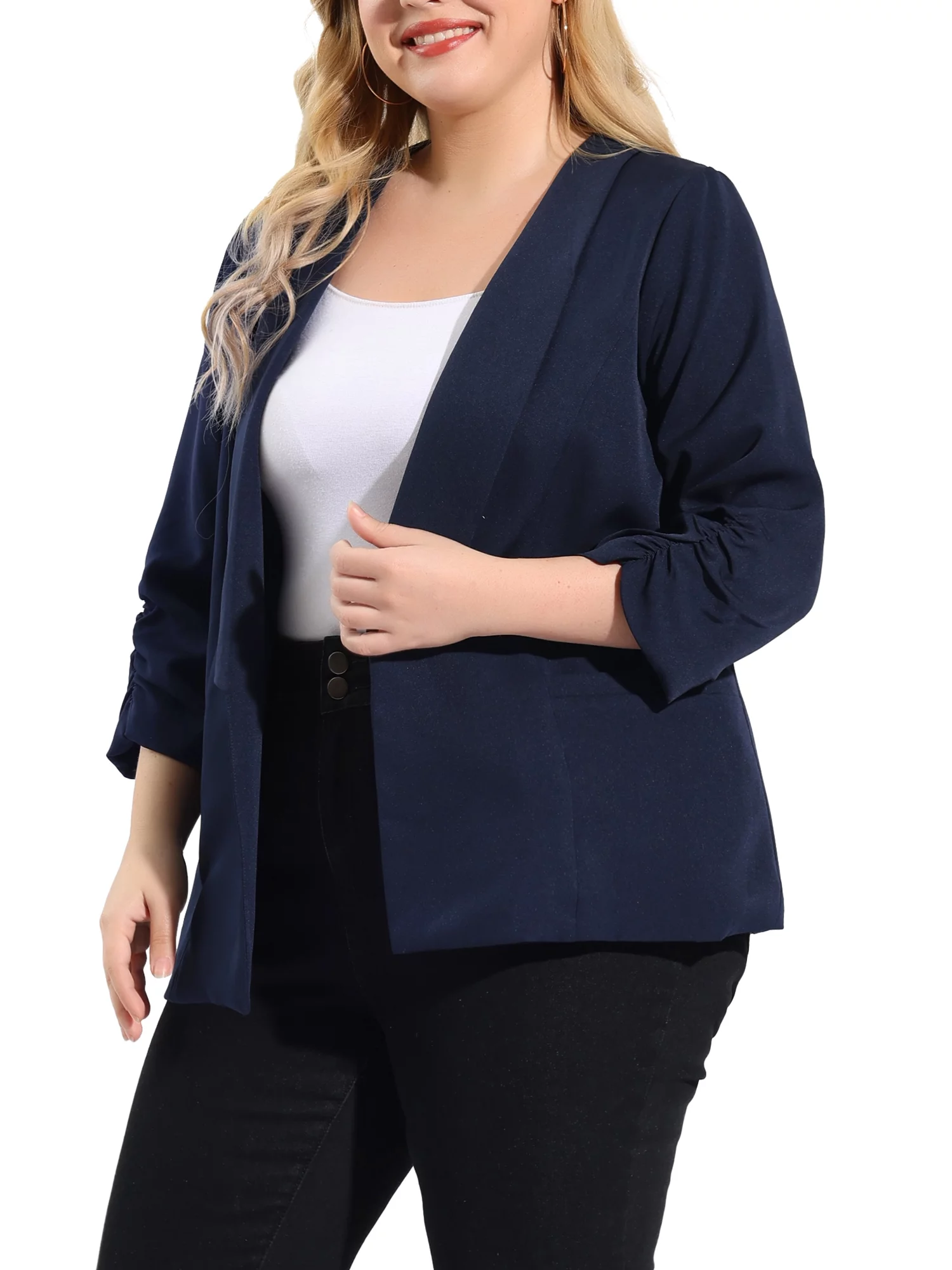 Unique Bargains Women's Plus Size Cardigan 3/4 Sleeves Shawl Collar Ruched Cuffs Blazer