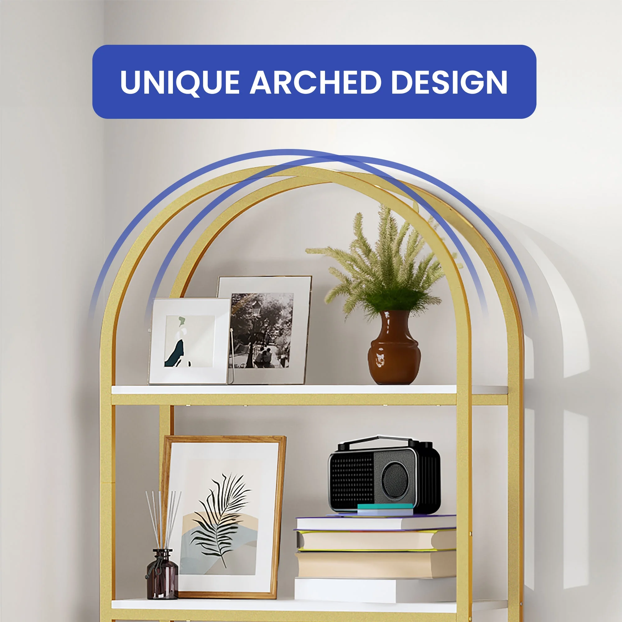 ModFusion 4-Tier Arched Gold Bookshelf Display Storage Modern Bookcase Organizer with Metal Frame for Living Room Office Bedroom, Gold