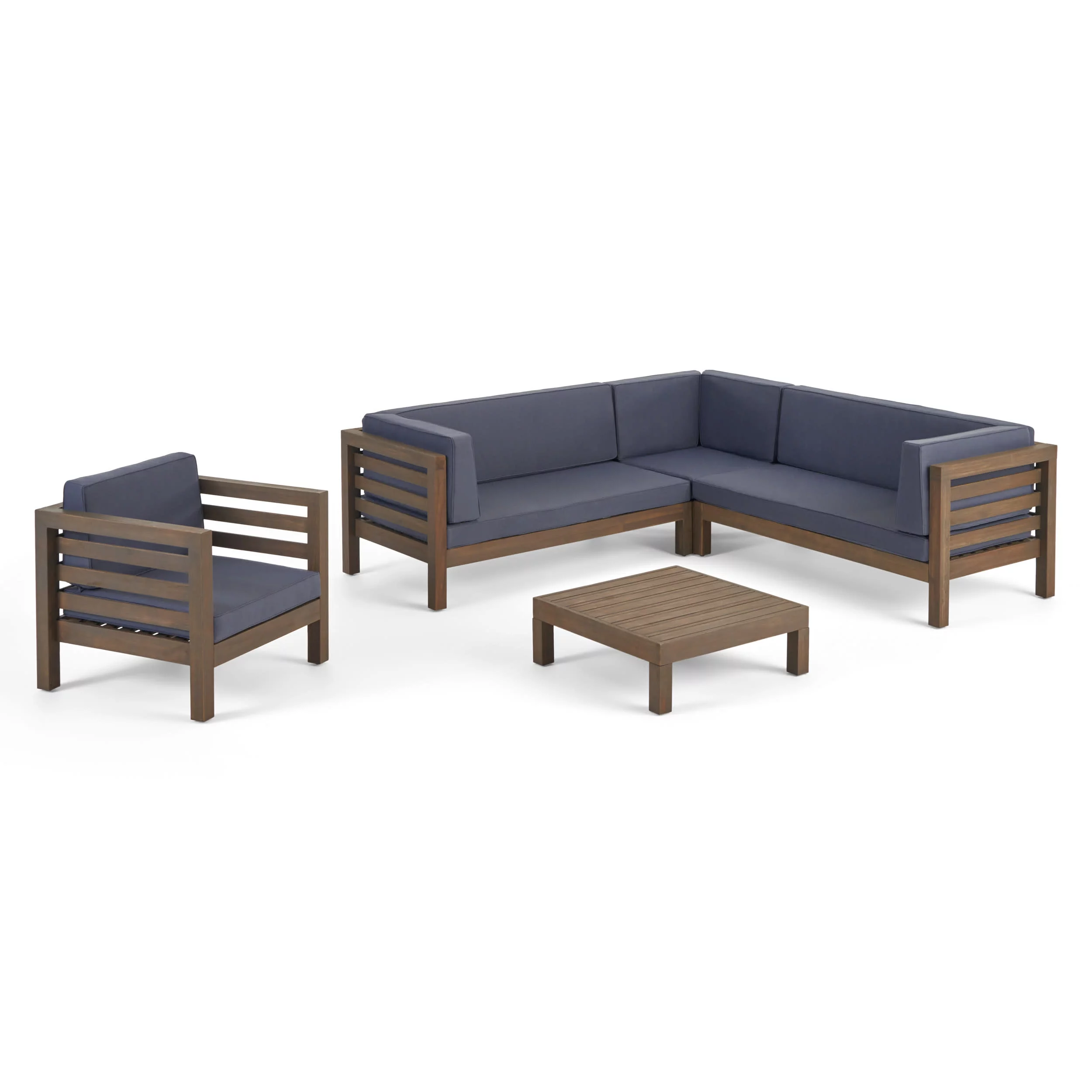 GDF Studio Cascada Outdoor Acacia Wood 6 Seater Sectional Sofa Chat Set with Cushions, Gray and Dark Gray