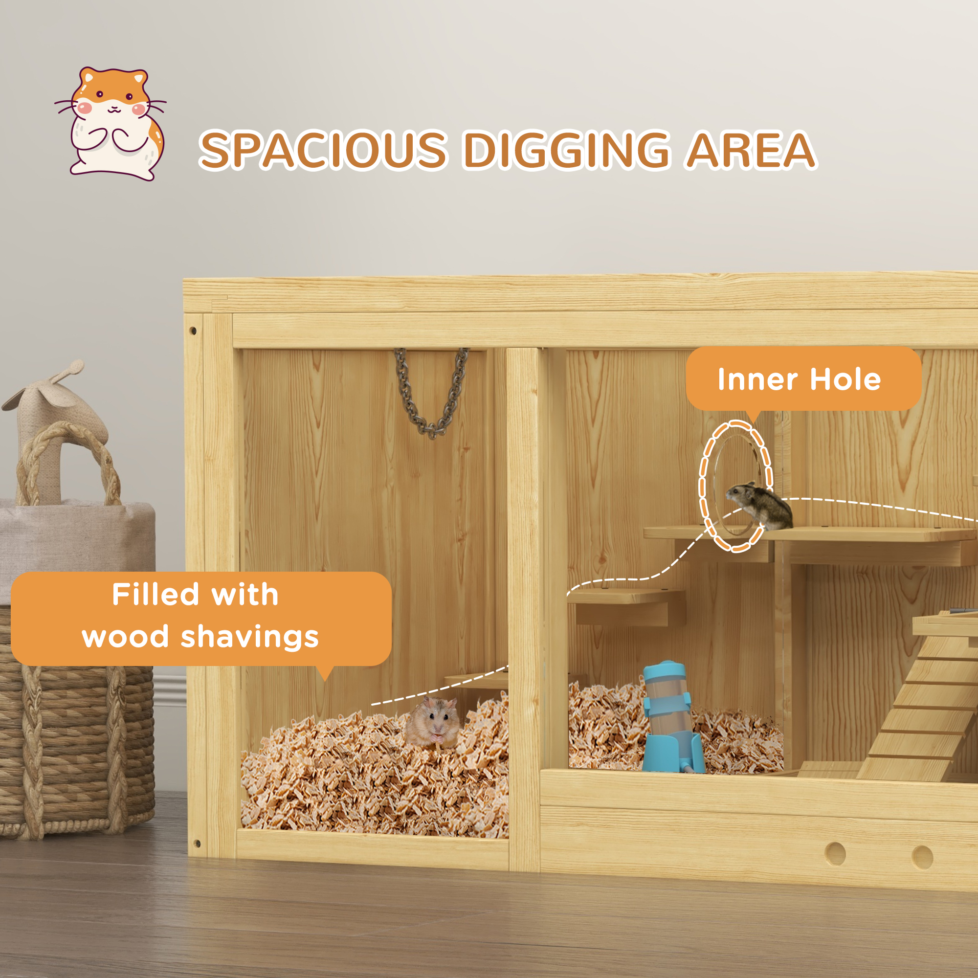 PawHut Extra Large Wooden Hamster Cage with Pull-out Tray, Seesaws, Ladder