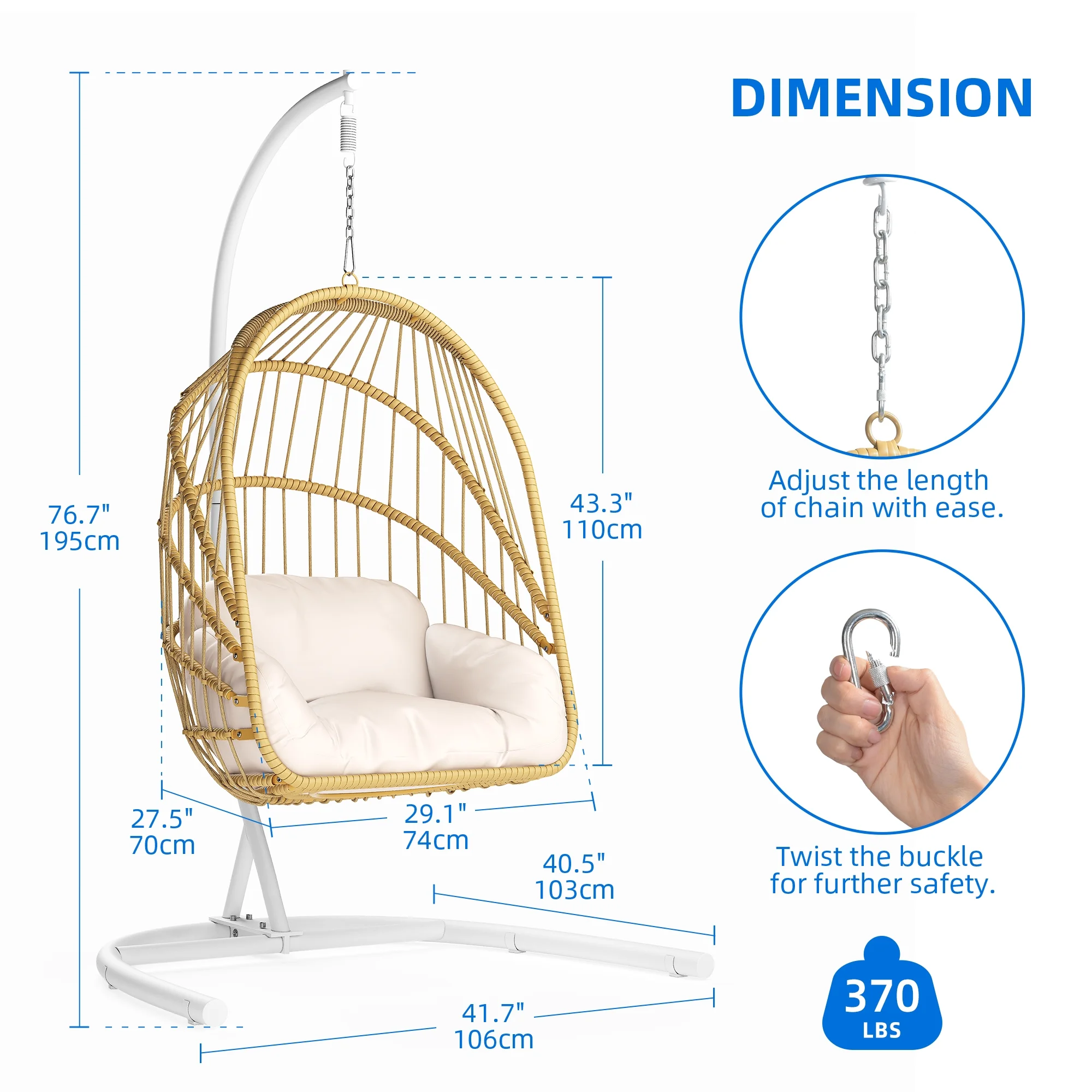 Dextrus Wicker Swing Egg Chair Hammock Hanging Chair Nest Basket with Stand, UV Resistant Removable & Washable Cushions,350LB Capacity - Beige