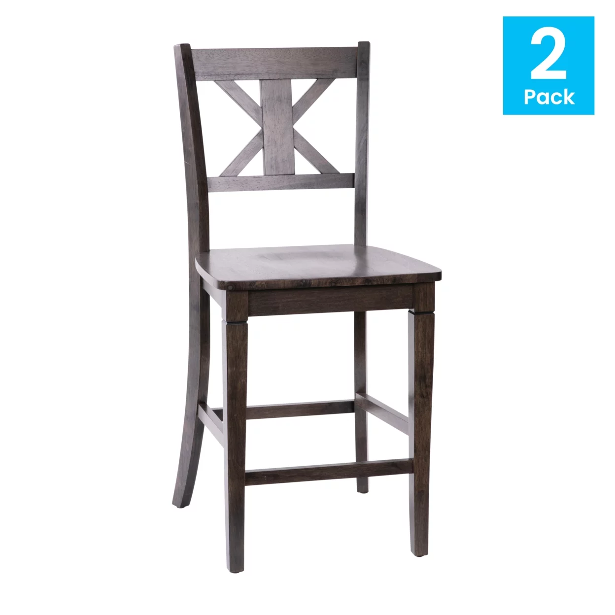 2 Piece Counter Stools, X Design Wood Back, Washed Gray