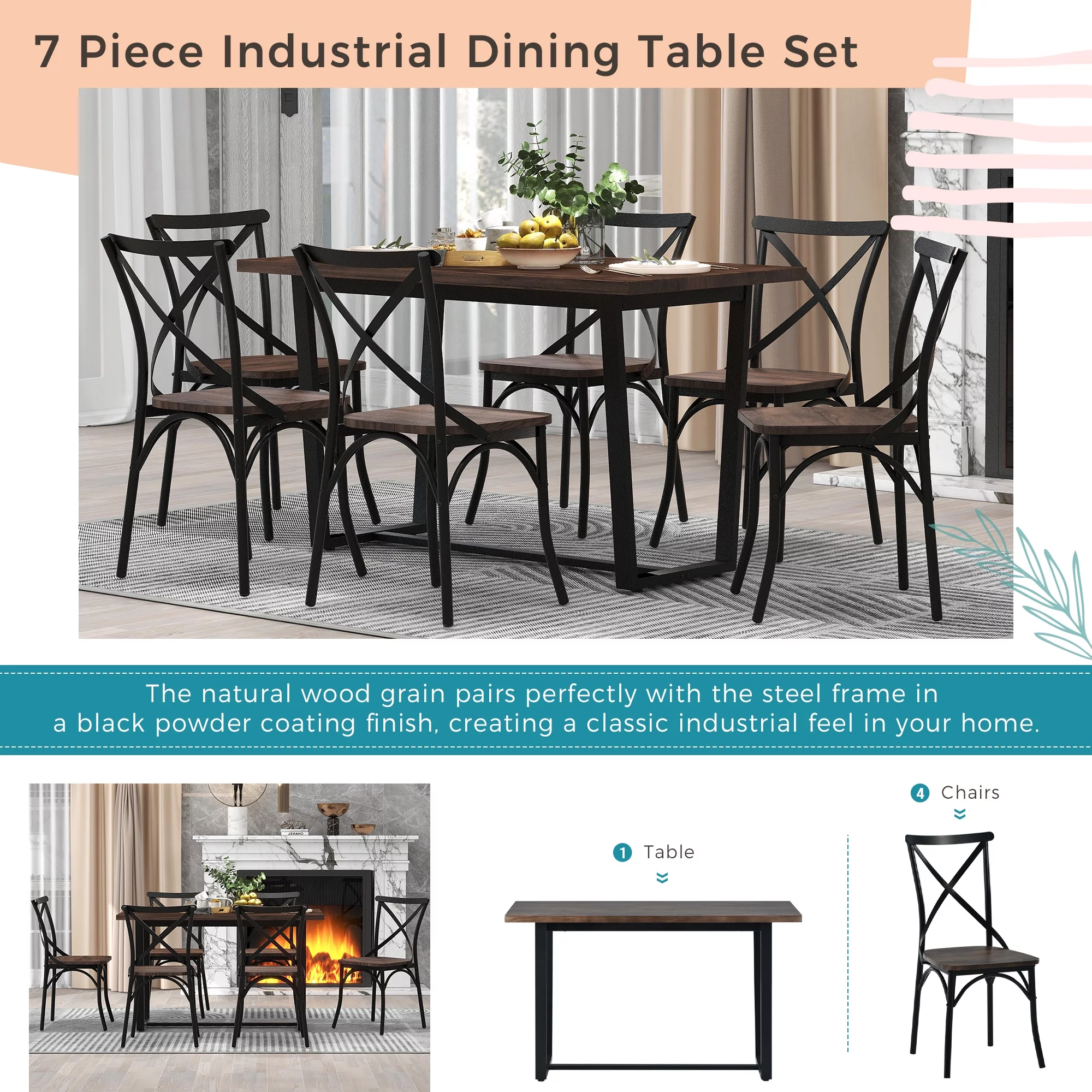 CoSoTower 7 Piece Industrial Dining Table Set Rectangular Table With 6 Dining Chairs Kitchen Table Set With Metal Frame, Rustic Brown