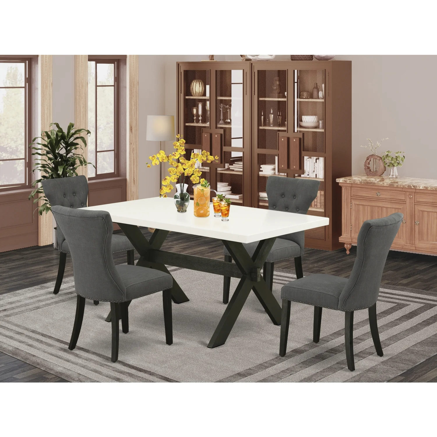 HomeStock Lakefront Luxury 5-Pc Dining Table Set Included 4 Parson Chairs Upholstered Seat And High Button Tufted Chair Back And Rectangular Table With Linen White Dining Table Top - Black Finish