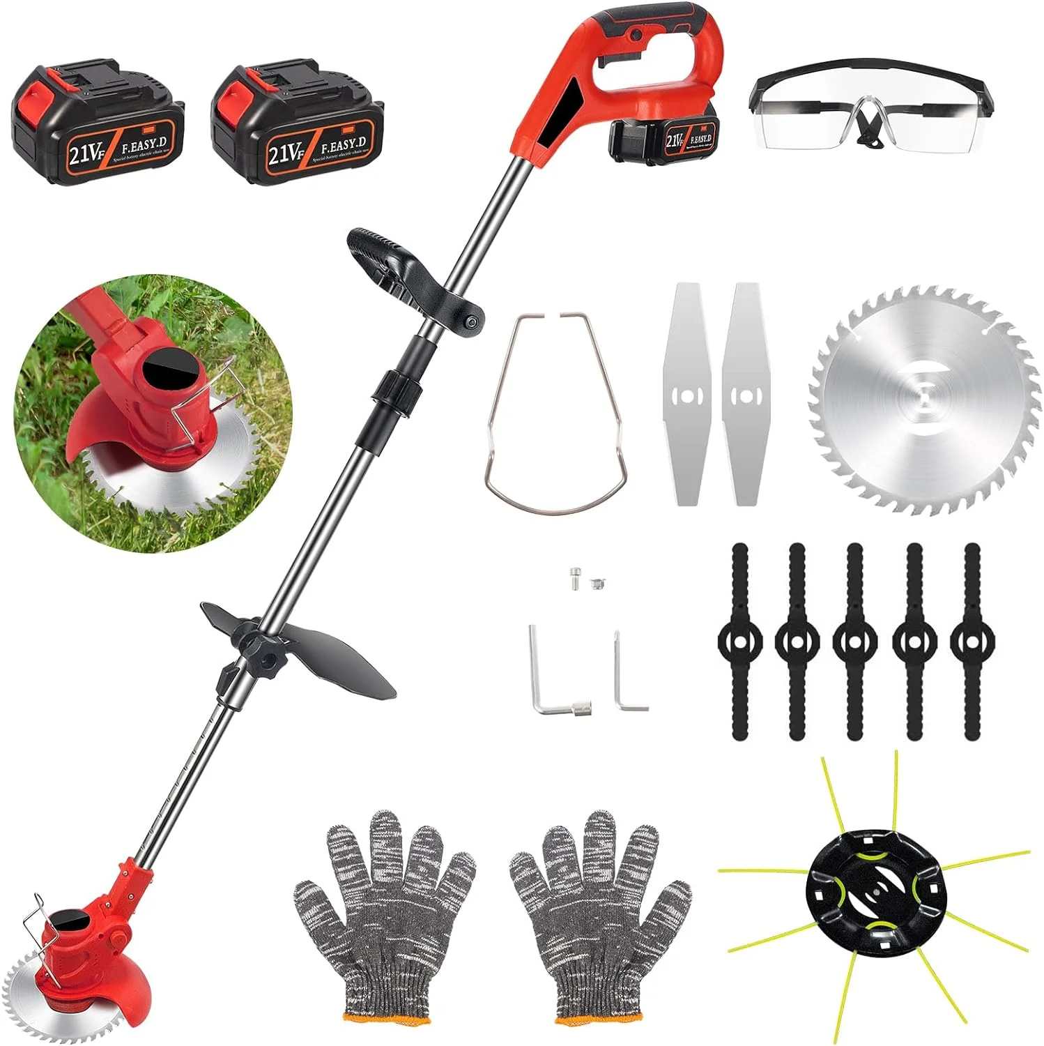 Wacker Battery Powered 21V Electric Eater Edger Lawn Tool Cordless String Trimmer With 4 Types Blades And Adjustable Handle Brush Cutter For Yard And Garden