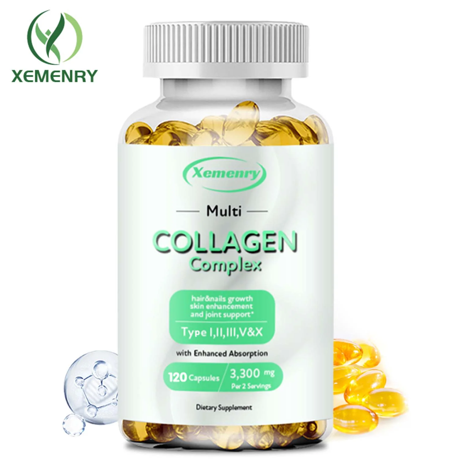 Xemenry Collagen Complex- with Type I, II, III, V, X  -Hydrolyzed Collagen, Anti-Aging(30/60/120pcs)