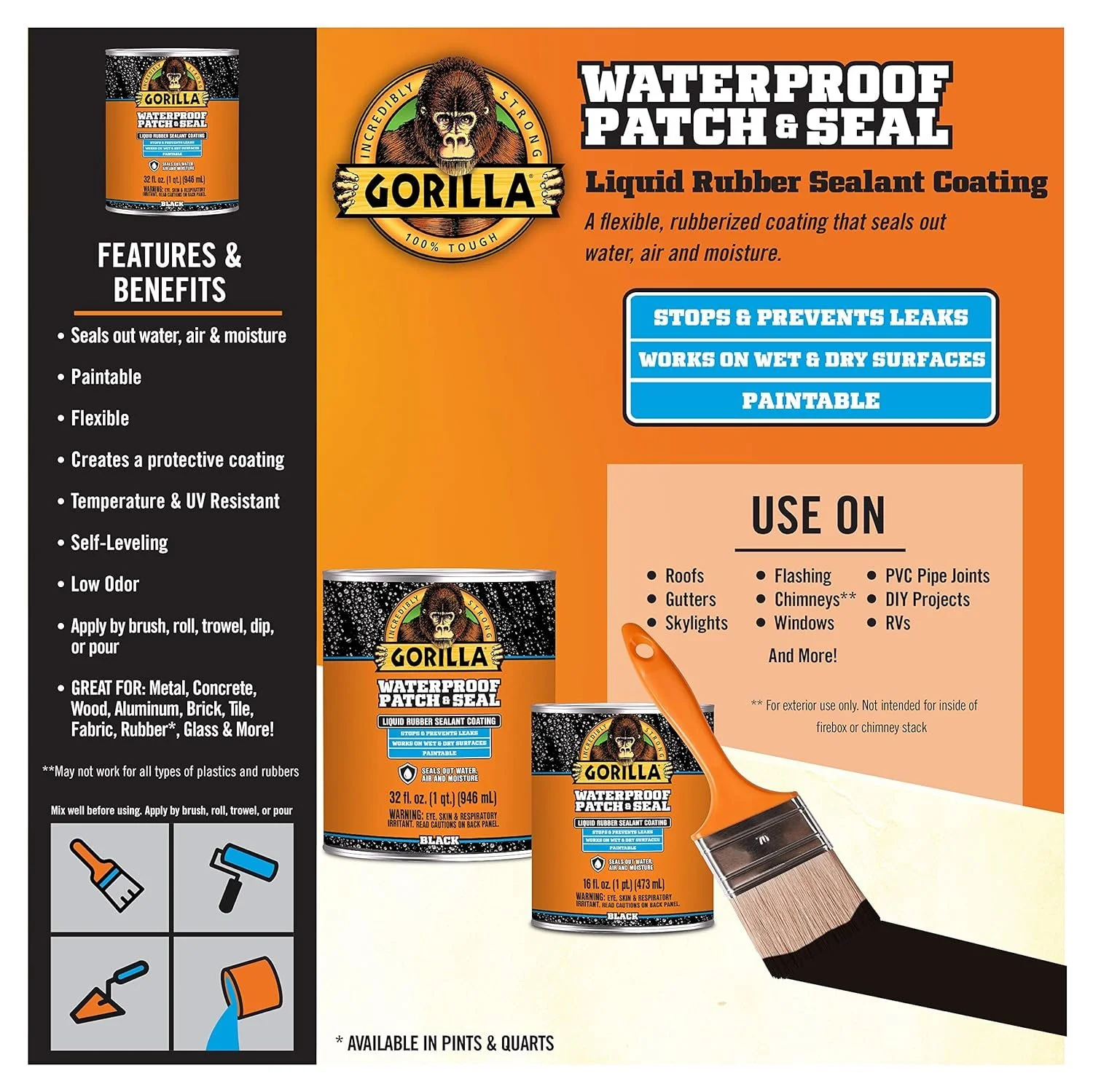 Gorilla Waterproof Patch & Seal Liquid, Black, 32 Ounces Pack of 6