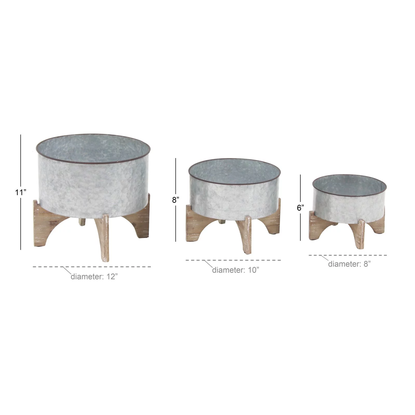 Decmode Set of 3 Farmhouse Round Iron Planters With Wooden Stands, Gray