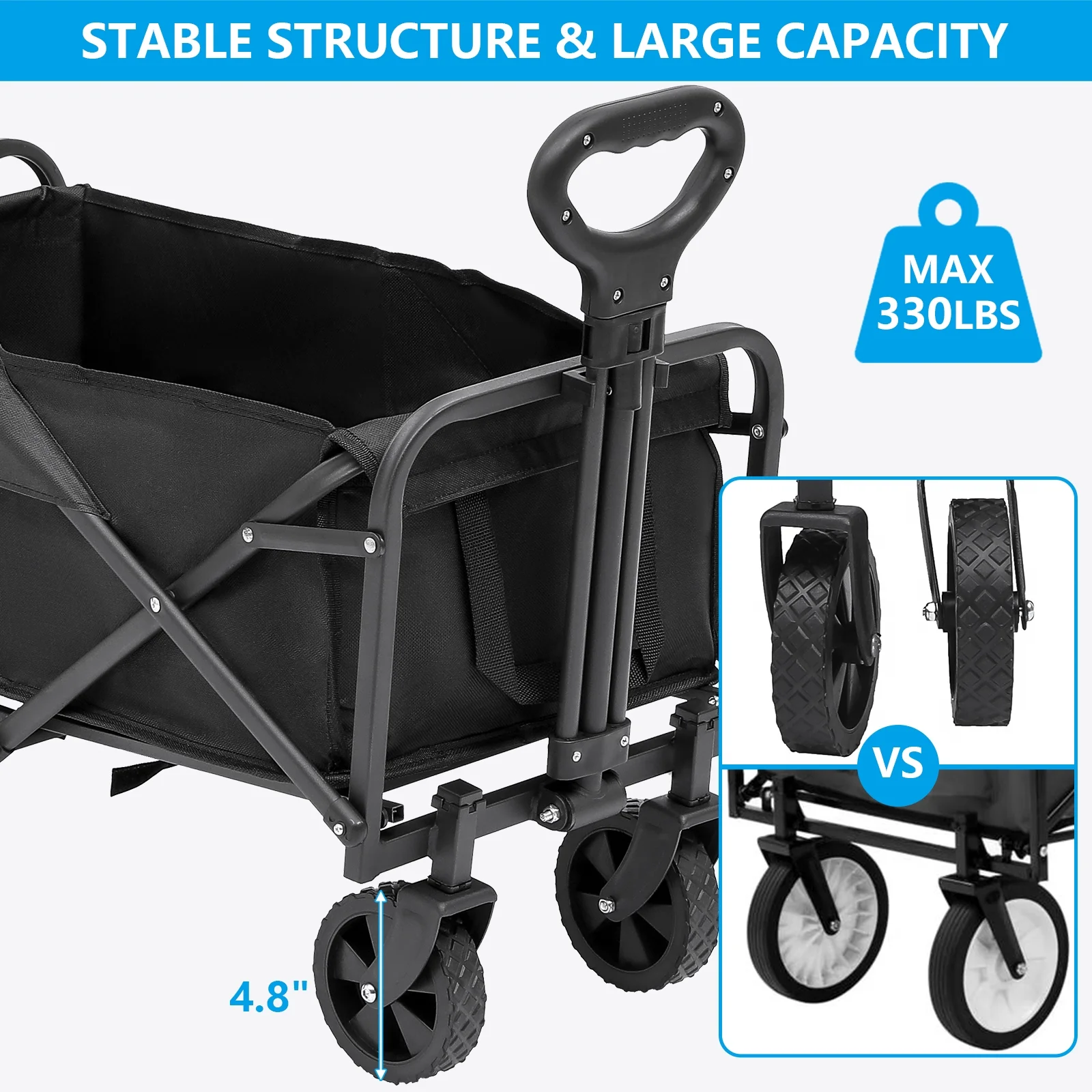 HONGGE Multi-Purpose Big Bucket Cart Collapsible Folding Wagon Garden Cart with Wheels, Black