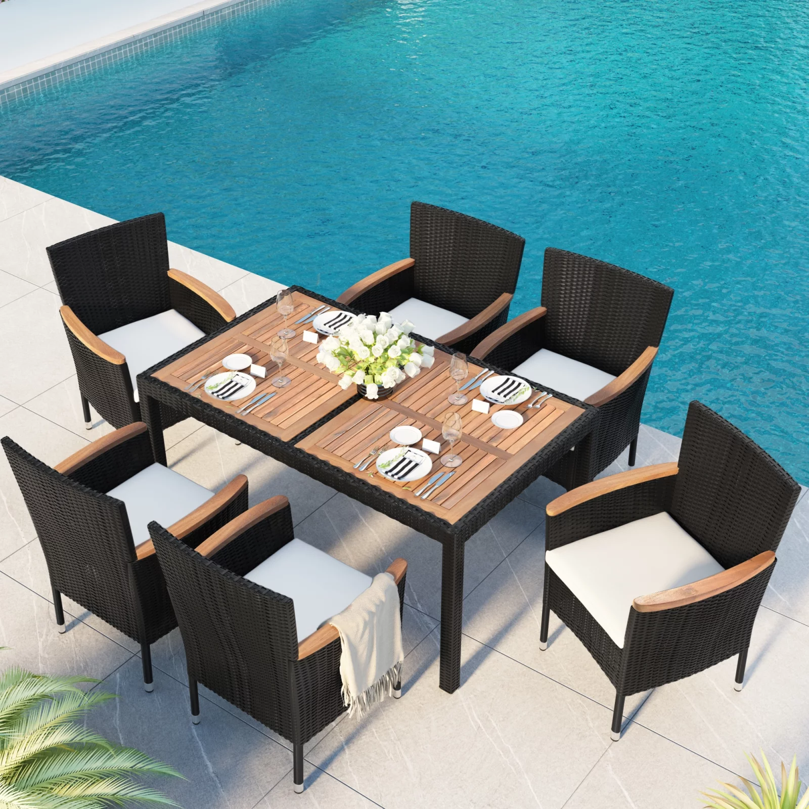 CHURANTY Outdoor Patio Dining Set 7 Piece Rattan Dining Table 6 Chairs Set with Umbrella Hole，Cushions,Wicker Furniture Set Brown