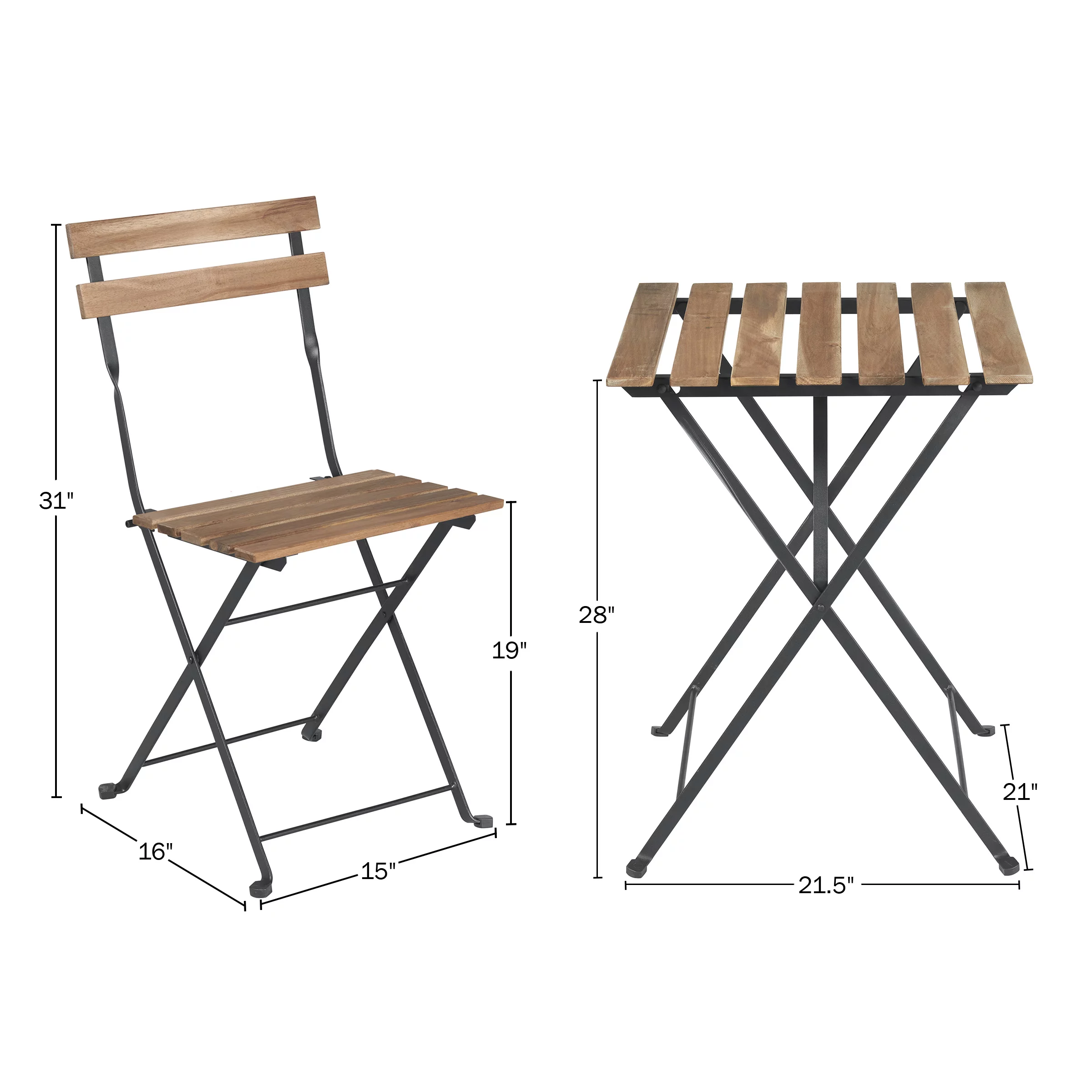 Lavish Home Folding Patio Bistro Set – 3-Piece Acacia Wood and Steel Café Table and Chairs, Brown