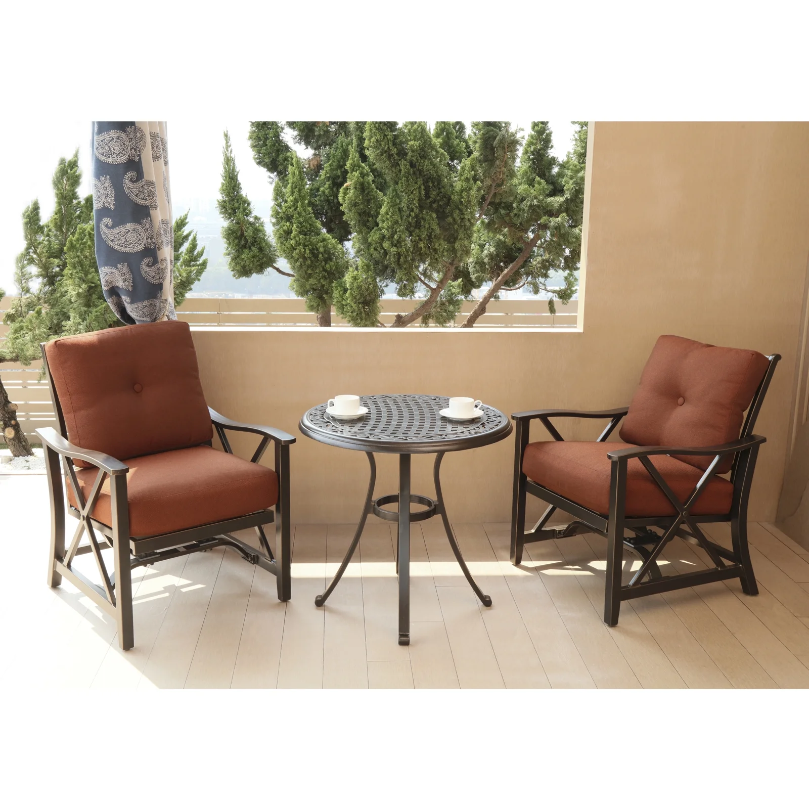 3 Piece Bistro Set Haywood KD Aluminum X Back Stationary Spring Chairs Rustproof 2 PCS Patio Chairs with Cushions & 28