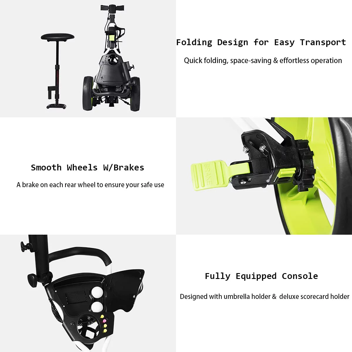 Golf Push Pull Cart with Seat, Lightweight Foldable Collapsible 3 Wheels Golf Push Cart, Golf Trolley with Foot Brake, Adjustable Umbrella Holder & Seat, 4 Height Position Handle