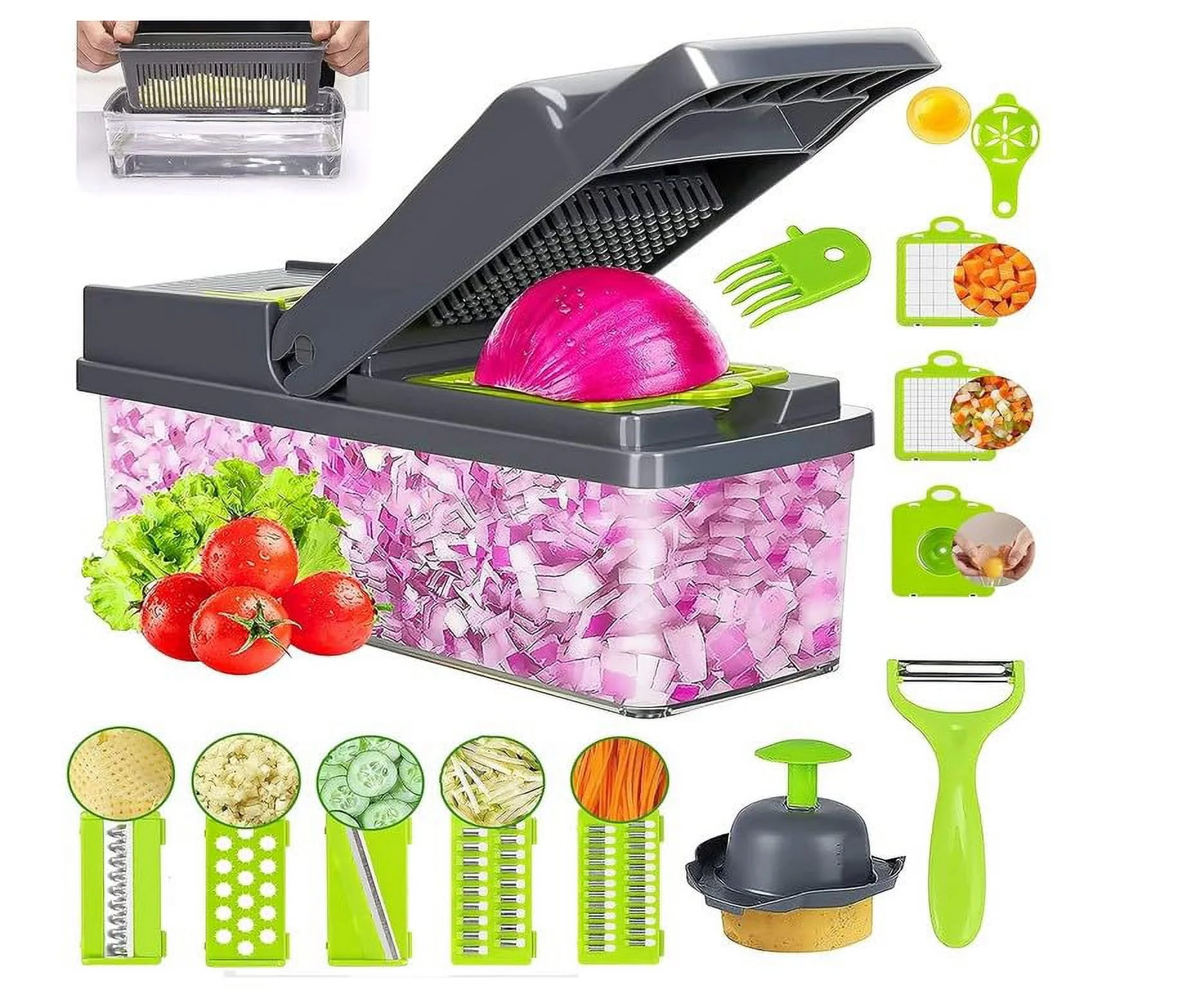 UPGRADED Vegetable Chopper, Pro Onion Chopper, Multifunctional 14 in 1 Food Chopper, Kitchen Vegetable Slicer Dicer Cutter,Veggie Chopper With 8 Blades,Carrot and Garlic Chopper With Container