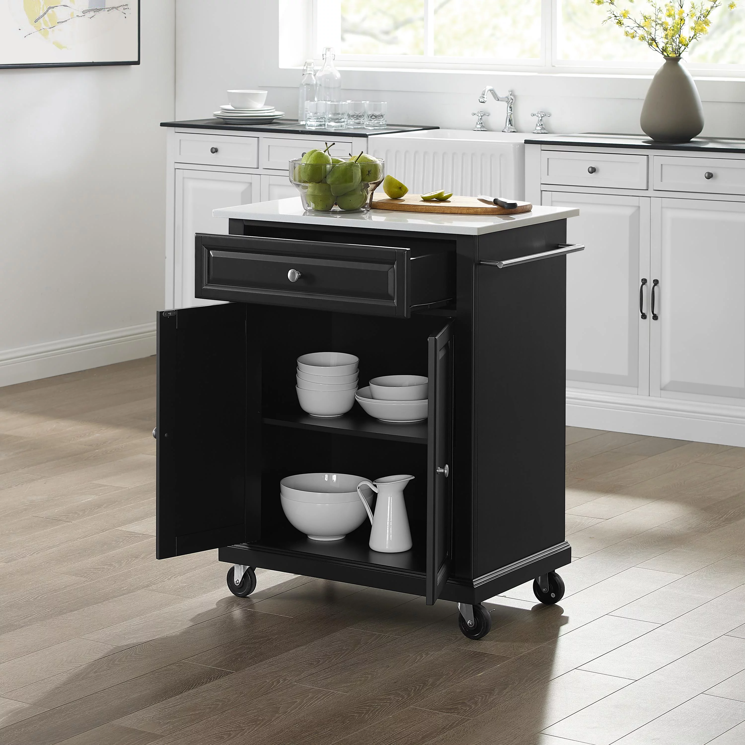Crosley Furniture Compact Wood Kitchen Granite Top Kitchen Cart in Matte Black