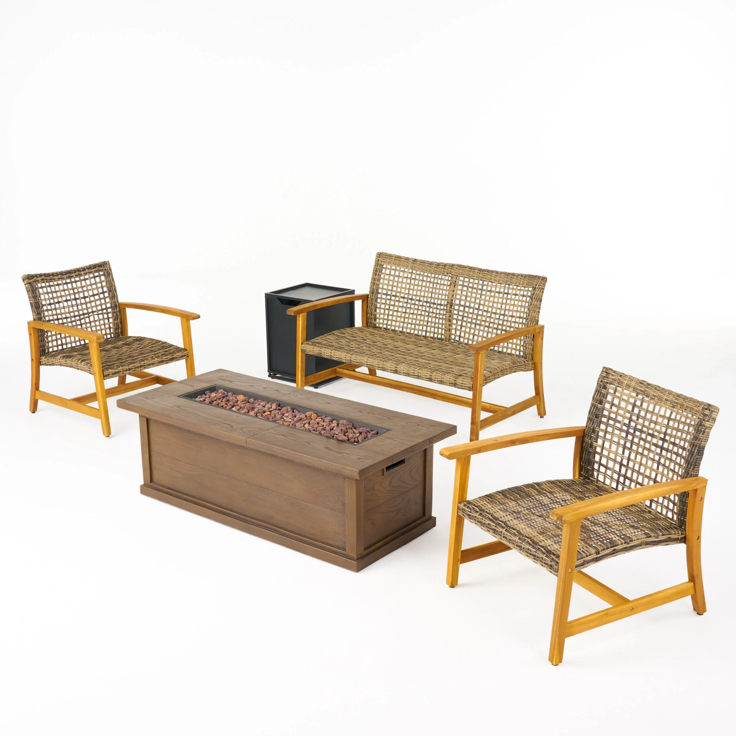 GDF Studio Rachel Outdoor 5 Piece Wood and Wicker Chat Set with Fire Pit, Gray and Brown