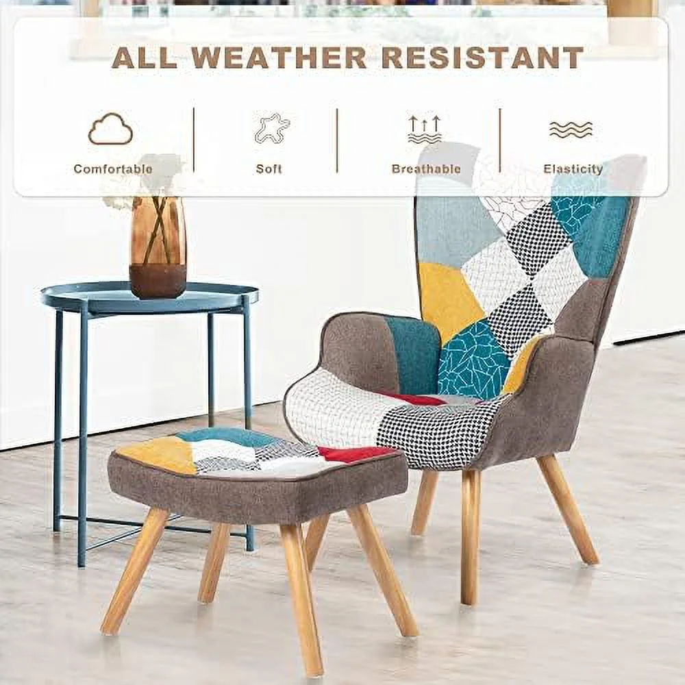 JDZHAPPYLIFE Patchwork Accent Chair with Ottoman Set Upholstered Arm Chair with Solid Wood Legs Comfy Reading Club Chair with Footrest for Living Room Bedroom (Patchwork Pink)