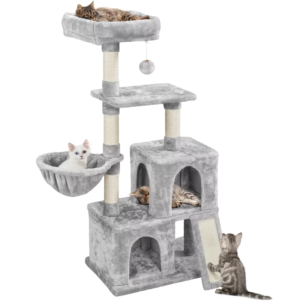 Topeakmart 53.5-in Cat Tree & Condo Scratching Post Tower with Dangling Ball and Ramp, Light Gray