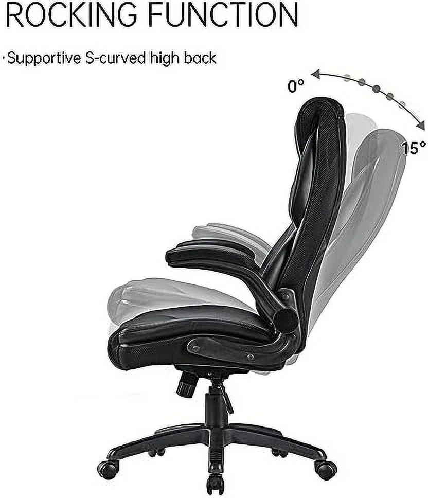 GEROBOOM ERGONOMIC Executive Office Chair Flip Up Arm   Leather Desk Chair Ergonomic Computer Chair  High Back Office Chair with Headrest  Home Office Desk Chairs with Wheels  Black