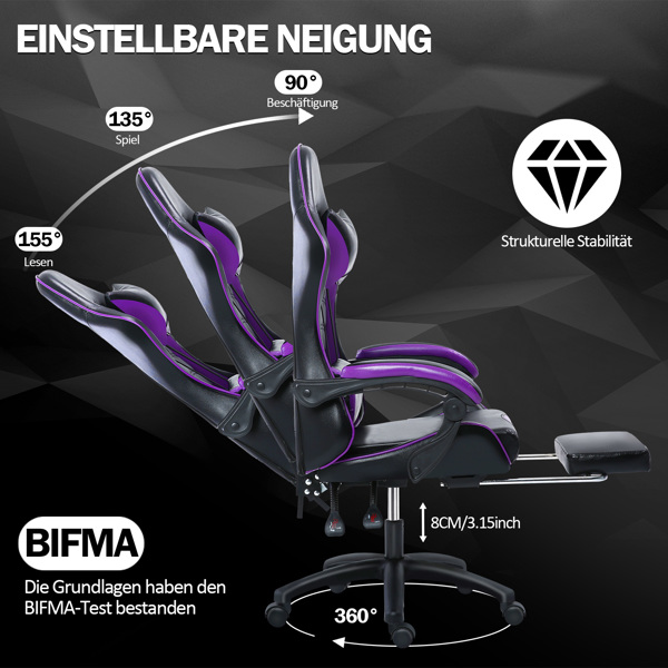 Computer Gaming Chairs with Footrest, Ergonomic Gaming Computer Chair for Adults, PU Leather Office Chair Adjustable Desk Chairs with Wheels, 360°Swivel Big and Tall Gamer Chair, Purple