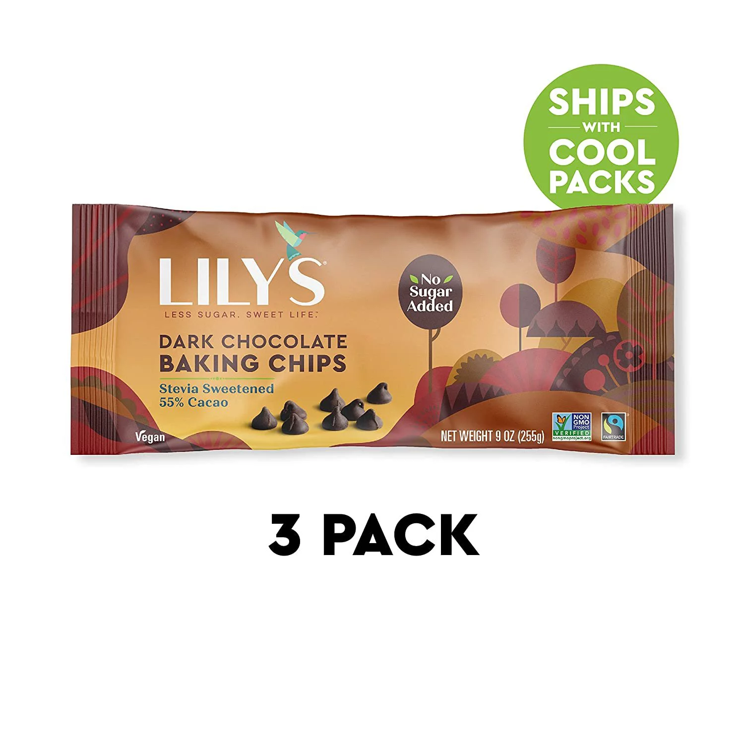 lilly's dark chocolate chips, stevia, vegan, 55% cocoa, non-gmo, sugar free, 27 oz total (3 pack value)