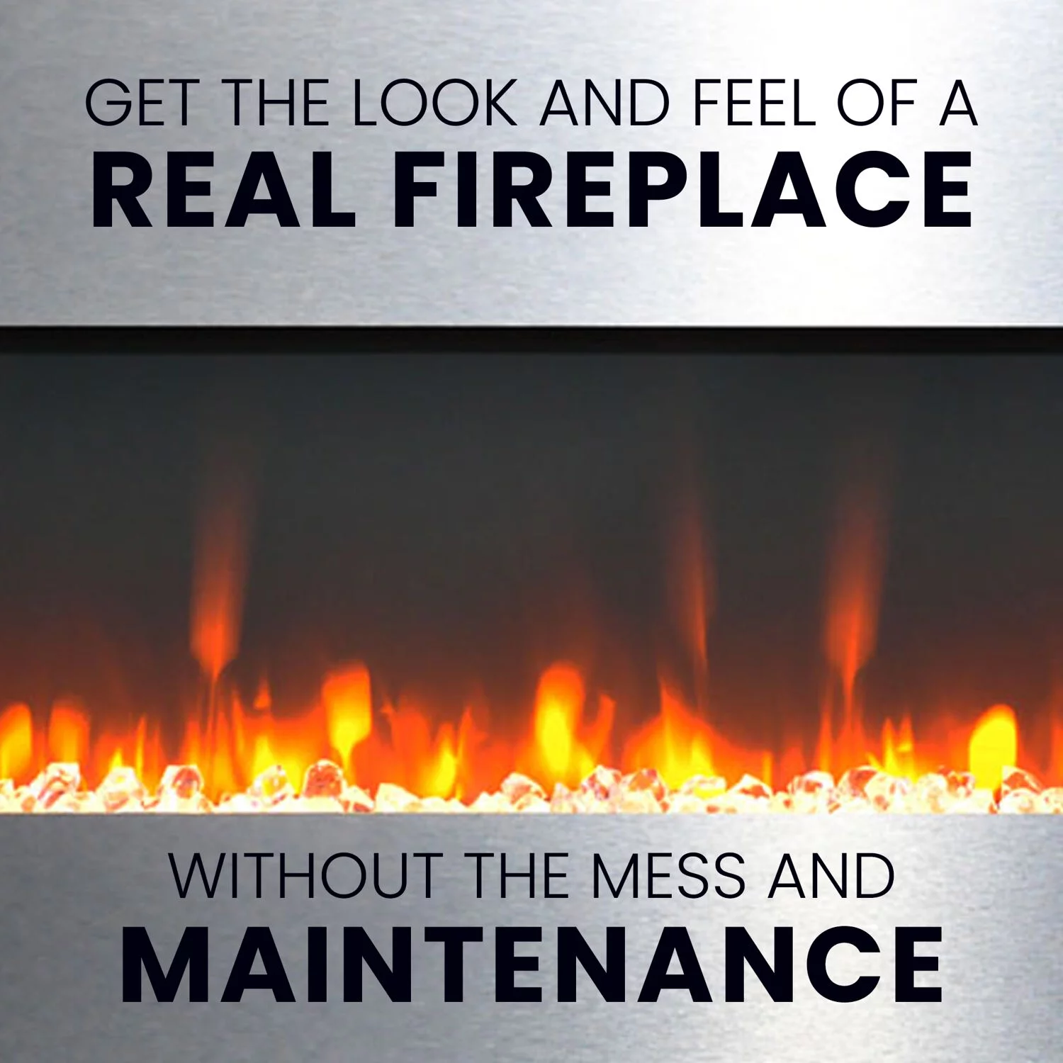 Cambridge 36 In. Electric Wall Mounted Fireplace Heater with Flame Crystal Rock Display, Adjustable Heat, Remote, in Stainless Steel Finish - CAM36WMEF-1SS