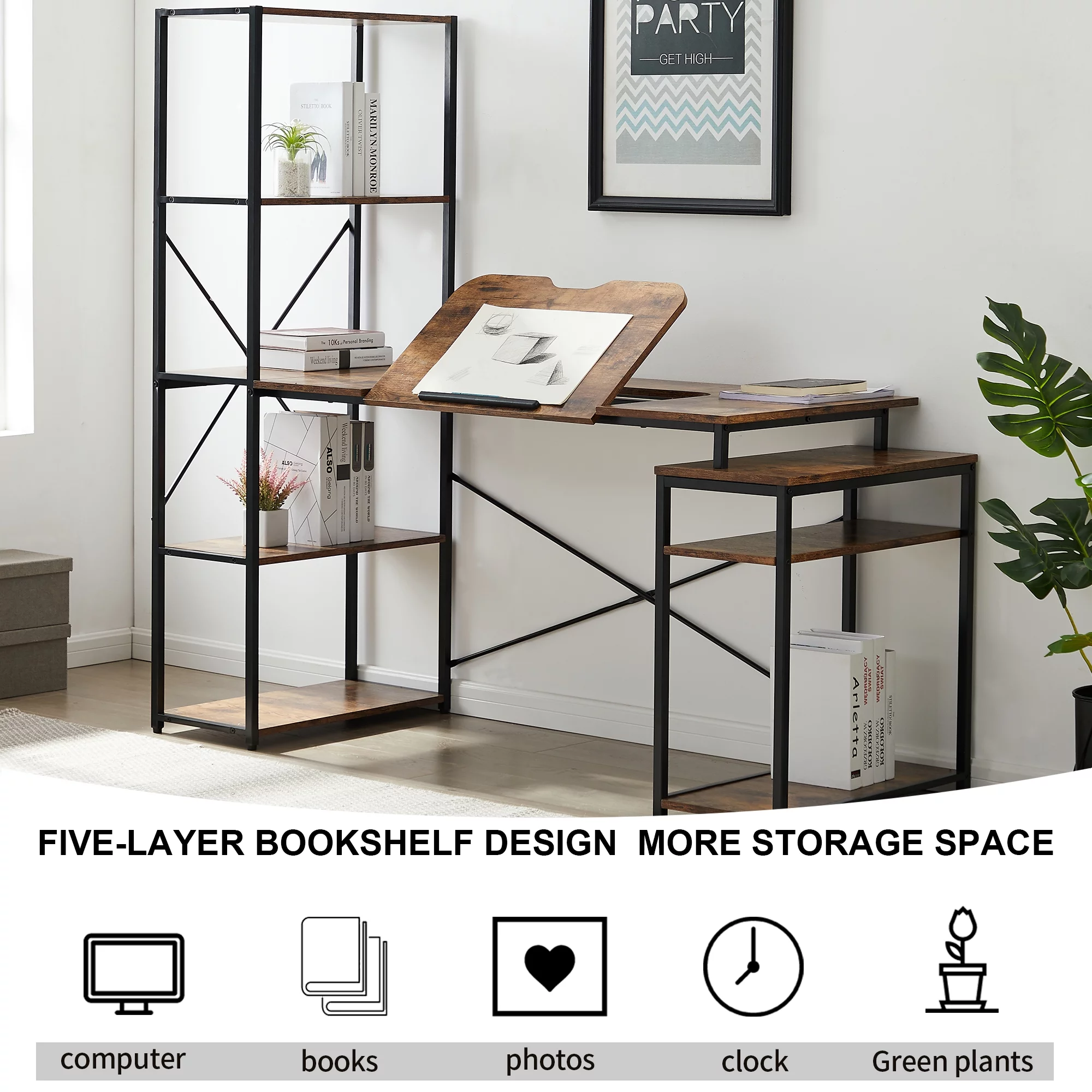 Tower Computer Desk with 5-Tier Bookshelf, 65