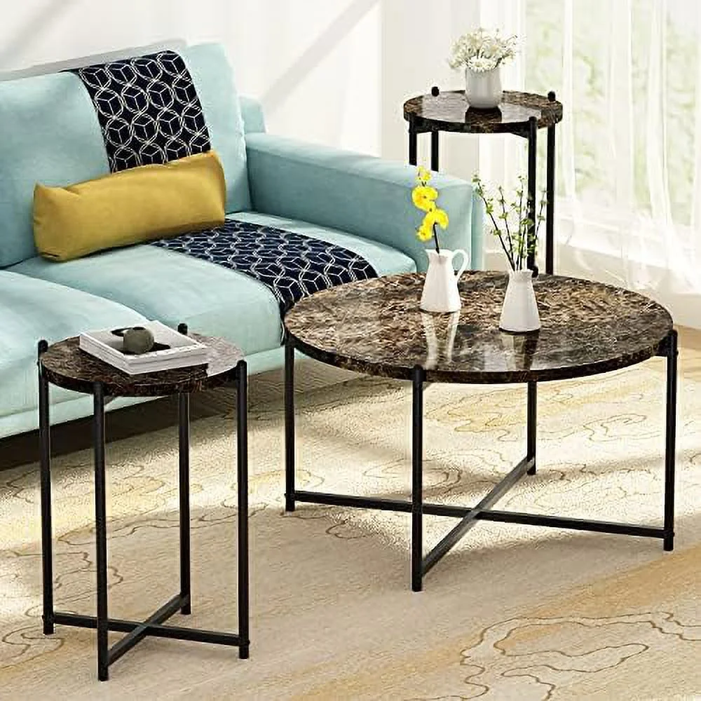 NLTBONNIE Coffee Table Set  Faux Marble Living Room Table Set of 3 Modern Center Table with Metal Legs  Coffee Table of 3 Include 2-Tier Coffee Table & 2 End Tables for Living Room
