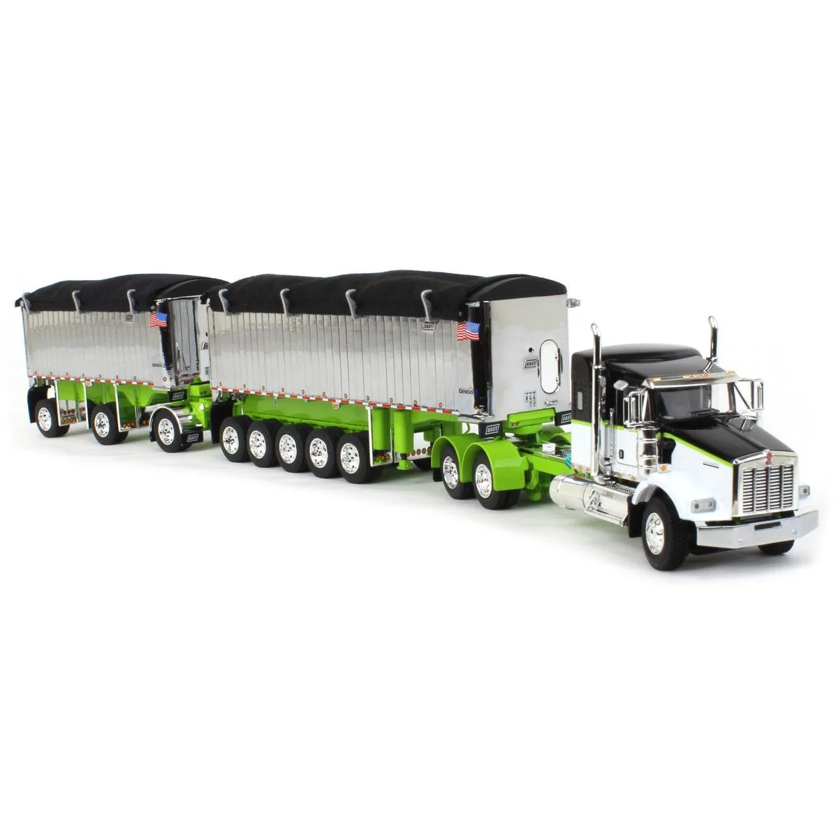 First Gear 1/64 Lime/Chrome Kenworth T800 w/ Chrome East Genesis II End Dump Trailers, DCP, 60-1573