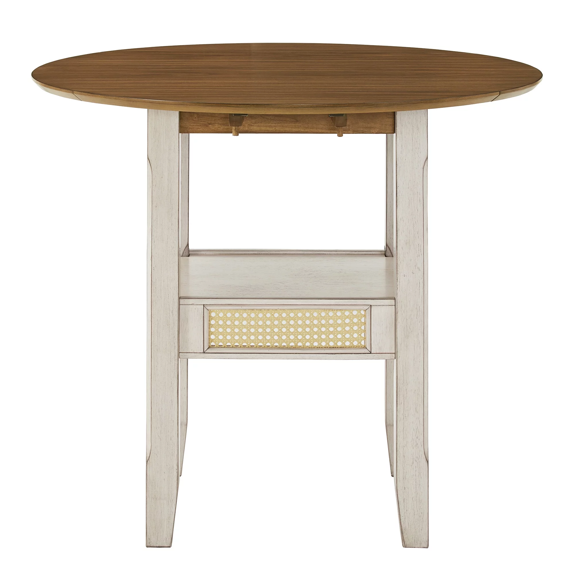 Weston Home Pulukan Cane Accent Round Dining Table with 2-Drop Leaves, Oak and Antique White Finish