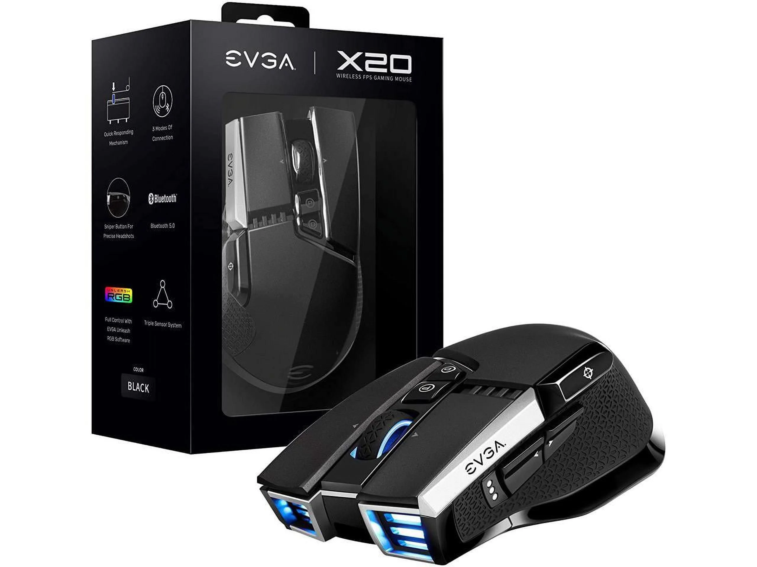 EVGA X20 Gaming Mouse, Wireless, Black, Customizable, 16,000 DPI, 5 Profiles, 10 Buttons, Ergonomic 903-T1-20BK-K3