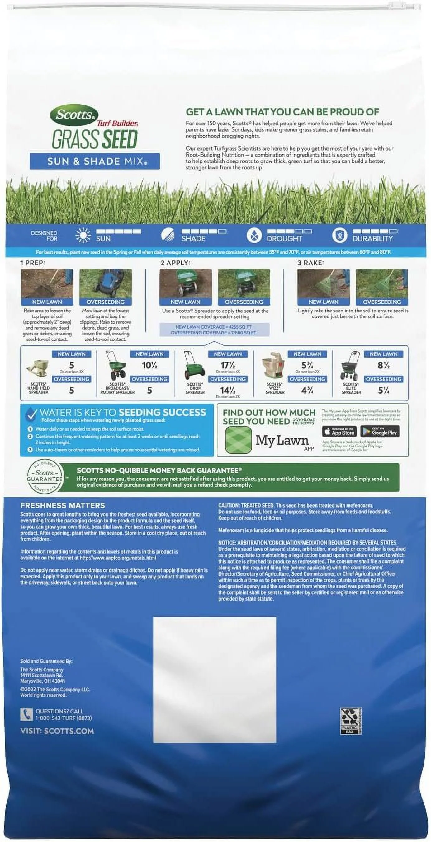 Scotts Turf Builder Grass Seed Sun & Shade Mix with Fertilizer and Soil Improver, Thrives in Many Conditions, 32 lbs.