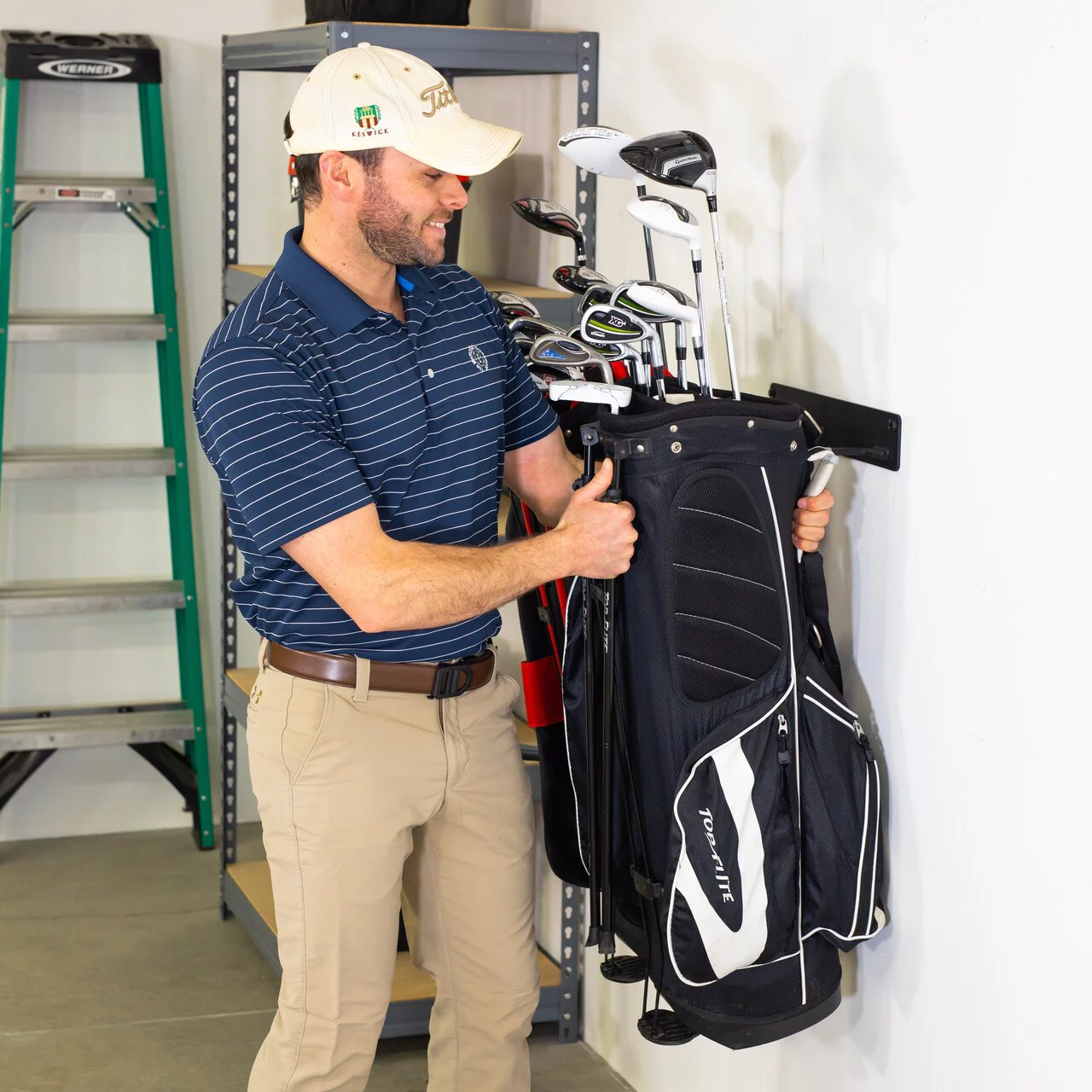 StoreYourBoard BLAT 2 Bag Golf Rack, Mounted Hanging Steel Golf Bag Organizer, Holds 100 lbs