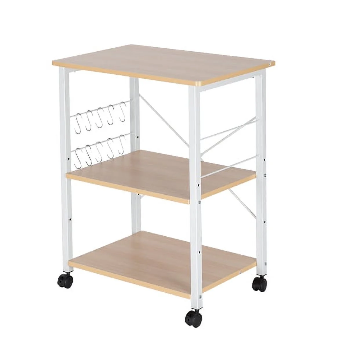 Baker's Rack 3-Tier Kitchen Utility Microwave Oven Stand Storage Cart Workstation Shelf(Light Beige Top White Metal Frame)